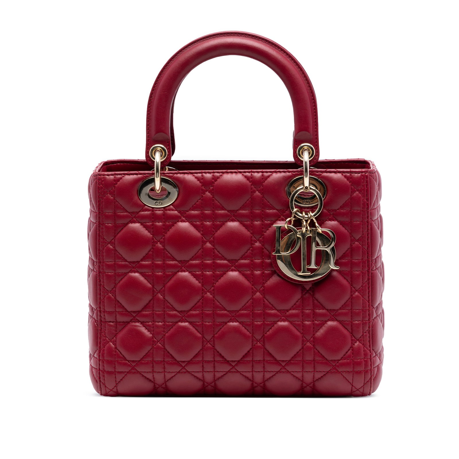 Dior Lady Dior Medium Red Quilted Lambskin Handbag with Top Handles: Dior Lady Dior Medium Red Quilted Lambskin Handbag with Top Handles This Lady Dior bag features a quilted lambskin leather exterior in red, flat leather top handles, a top zip closure, and an interior