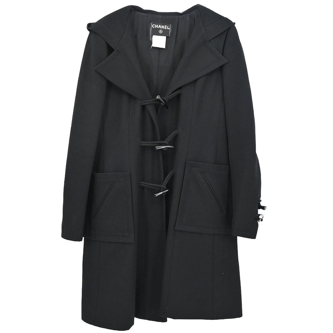 Black Wool Long Overcoat by Chanel Size 40: Black Wool Long Overcoat by Chanel Size 40 This Chanel duffel coat features a classic long overcoat design crafted from 100% wool in black. Designed for women, it offers a regular fit with long sleeve