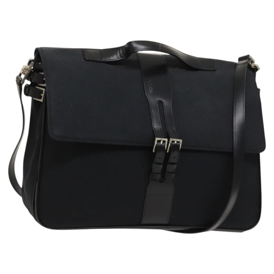 Gianni Versace Black Canvas Shoulder and Handbag Silver Accents Italy: Gianni Versace Black Canvas Shoulder and Handbag Silver Accents Italy This Gianni Versace women's hand bag is crafted from black and silver canvas, offering both hand and shoulder carry options with i
