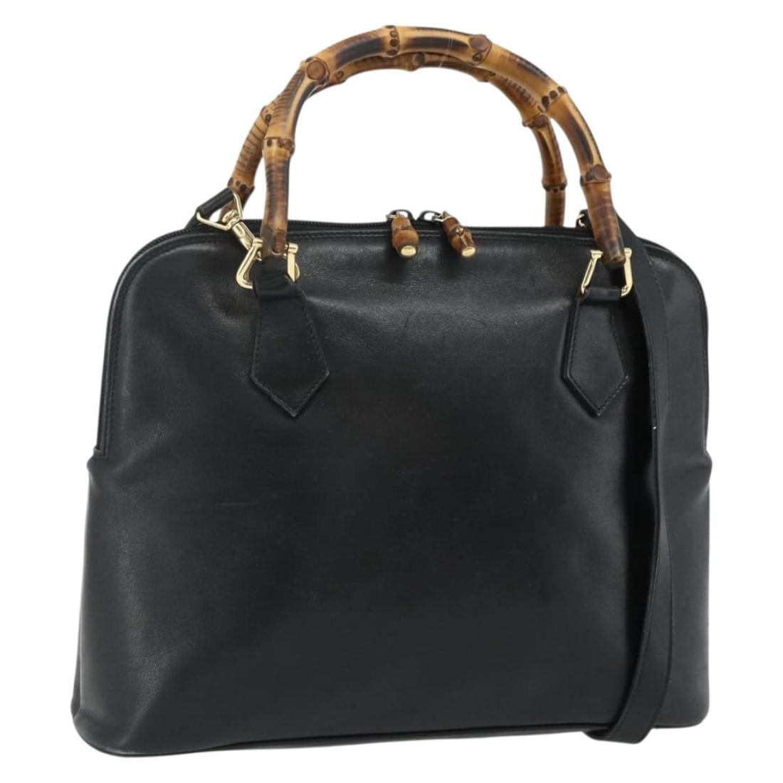 Gucci Bamboo leather black gold handbag with shoulder strap: Gucci Bamboo leather black gold handbag with shoulder strap This GUCCI Bamboo Hand Bag is crafted from black leather with gold-tone accents and includes both a top handle and a detachable shoulder str