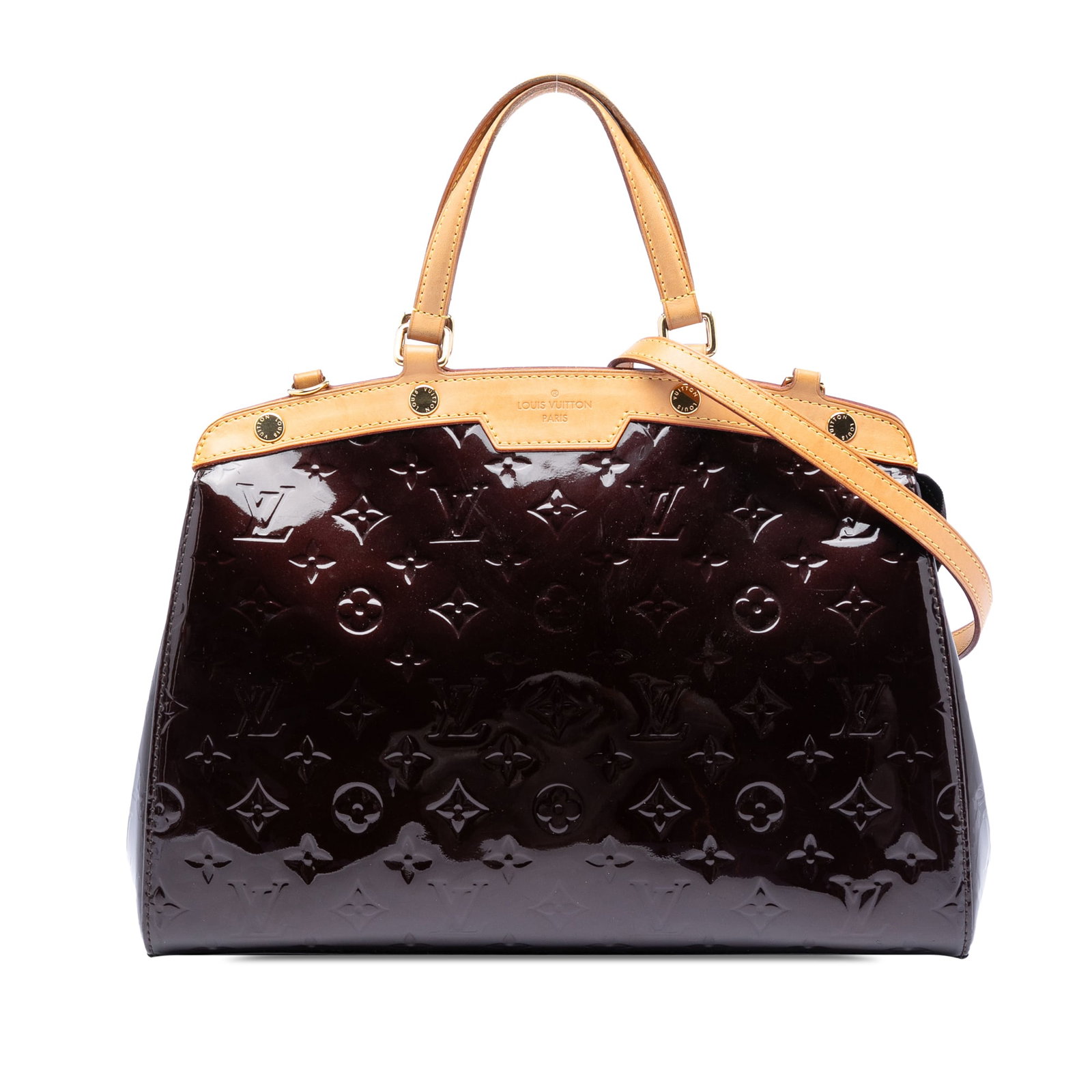 Louis Vuitton Brea MM Purple Vernis Leather Handbag with Vachetta Trim: Louis Vuitton Brea MM Purple Vernis Leather Handbag with Vachetta Trim This Louis Vuitton Monogram Vernis Brea MM features a vernis leather body with vachetta leather trim, flat vachetta leather handl