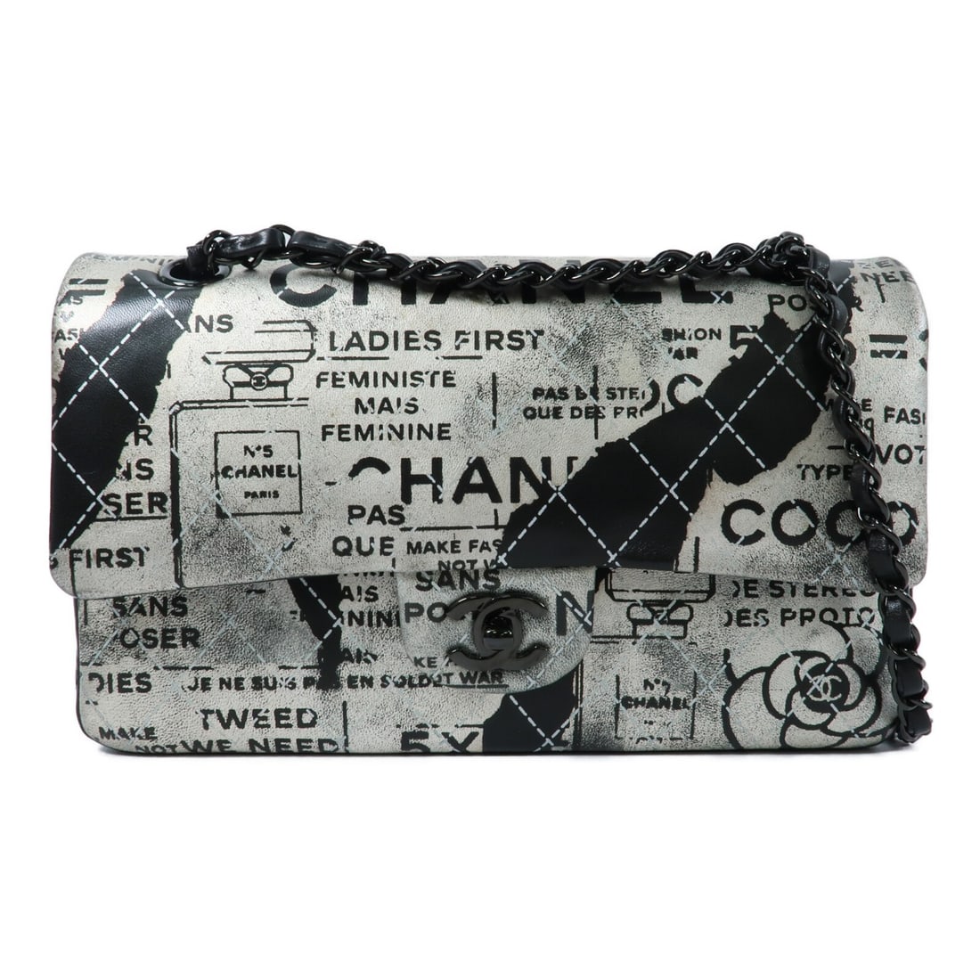 CHANEL Newspaper Graffiti CC Lambskin Double Flap Shoulder Bag Silver (1 of 16)