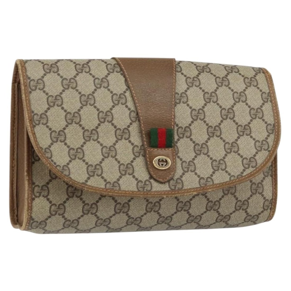 GUCCI GG Supreme Web Sherry Clutch Bag Beige Gold PVC Italy Auth 150270: GUCCI GG Supreme Web Sherry Clutch Bag Beige Gold PVC Italy Auth 150270 This authentic GUCCI GG Supreme Web Sherry Line Clutch Bag is a stylish accessory crafted from durable PVC leather in a sophisti