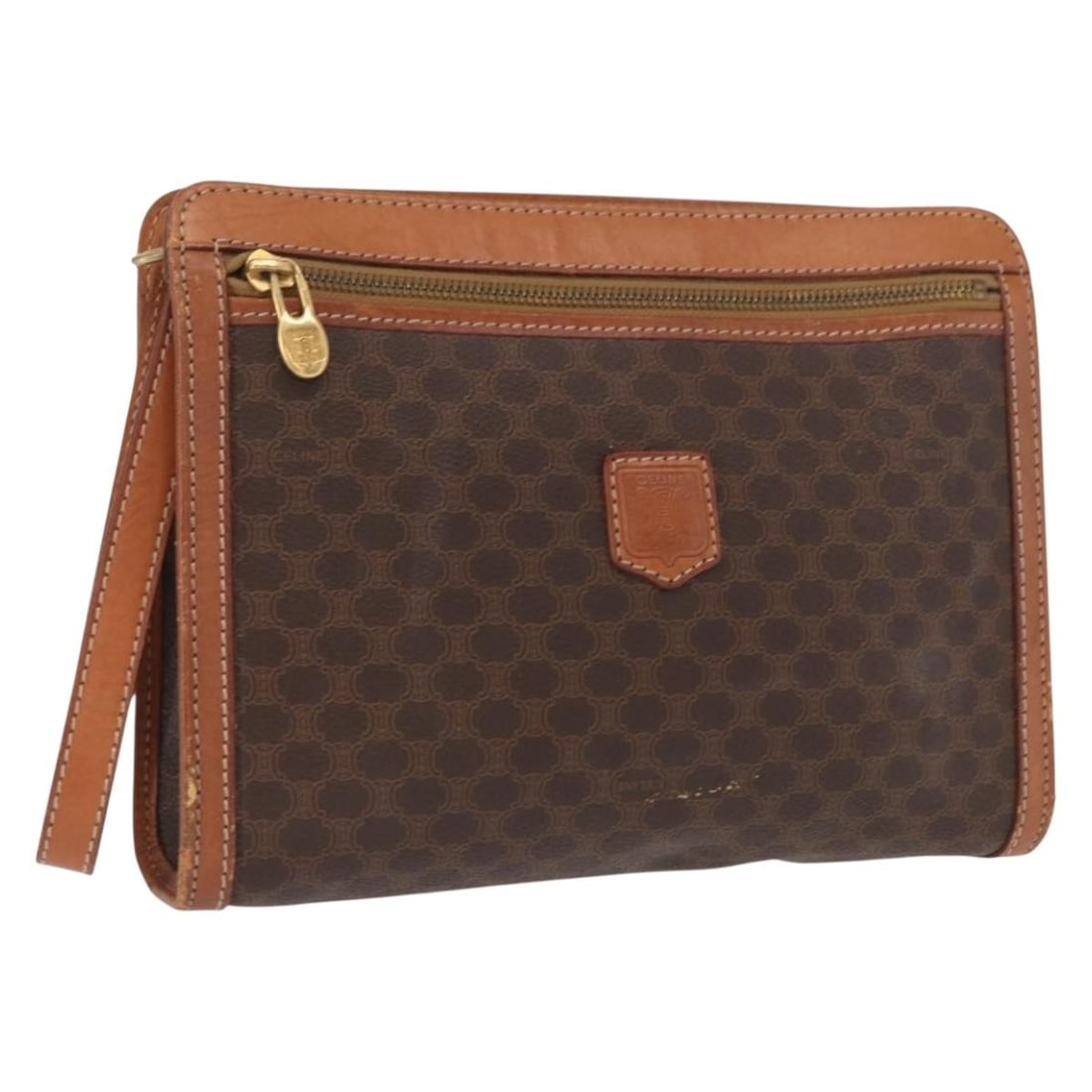 Celine Macadam Pattern Brown PVC Leather Clutch Bag Gold Tone Trim: Celine Macadam Pattern Brown PVC Leather Clutch Bag Gold Tone Trim This is a CELINE Macadam canvas clutch bag crafted from PVC leather in brown and gold tones. The bag features the iconic Macadam patt