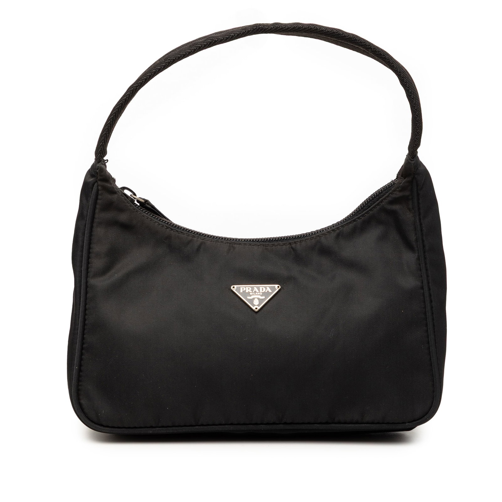 Prada Mini Tessuto Sport Black Nylon Shoulder Bag Italy: Prada Mini Tessuto Sport Black Nylon Shoulder Bag Italy This Prada Mini Tessuto Sport Shoulder Bag features a black nylon body with a flat strap and a top zip closure. The bag shows signs of prior use