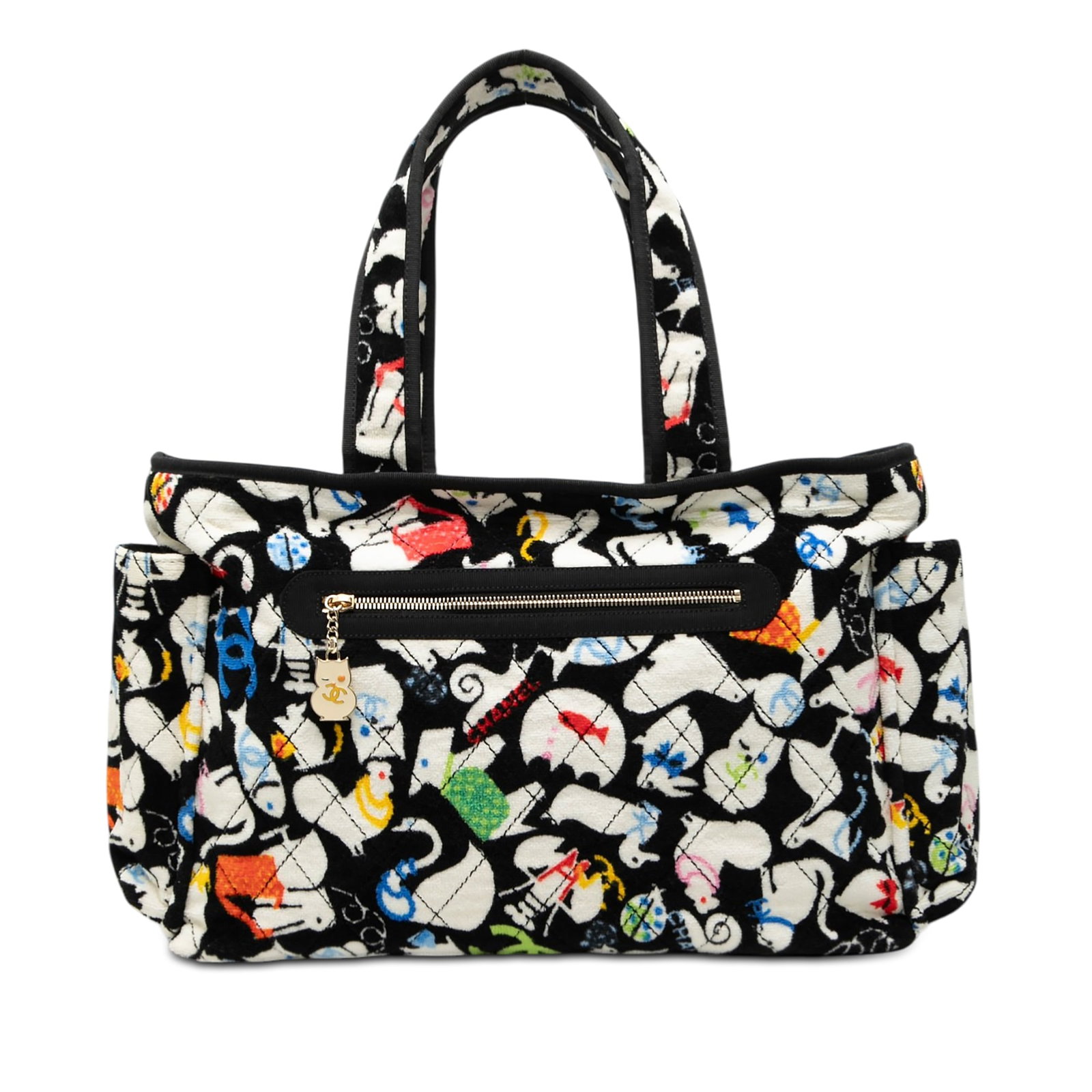 Chanel Terry Cloth Baby Animals Print Shoulder Diaper Bag: Chanel Terry Cloth Baby Animals Print Shoulder Diaper Bag This Chanel Terry Cloth Baby Animals Diaper Bag is crafted from fabric and features a cotton body with flat shoulder straps. The bag includes 
