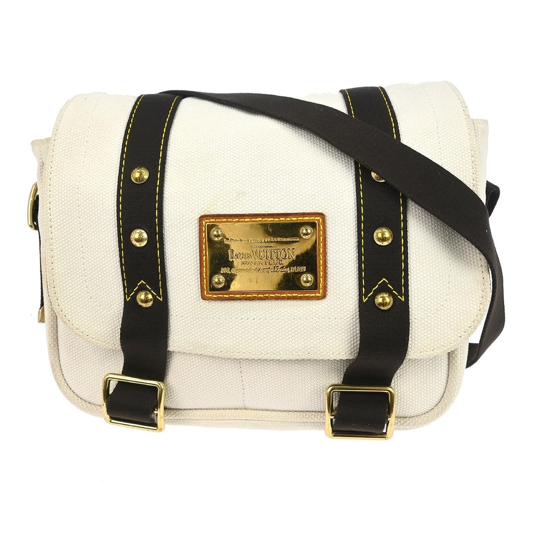 Louis Vuitton Antigua Canvas White PM Shoulder Bag M40042: Louis Vuitton Antigua Canvas White PM Shoulder Bag M40042 This Louis Vuitton Antigua Cabas MM shoulder bag features a white canvas exterior with brown canvas shoulder straps and a medium-sized silhoue