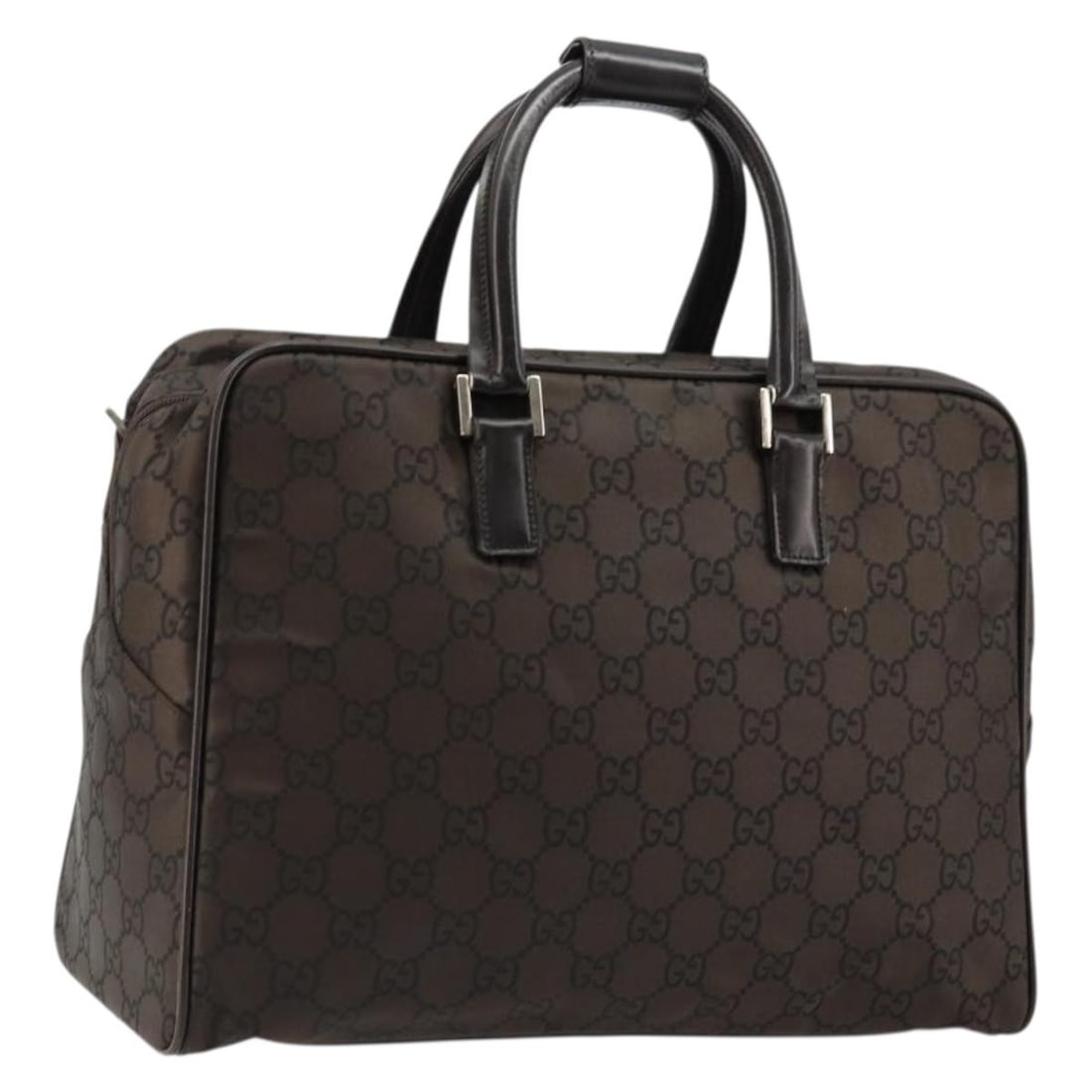 Gucci GG Canvas Brown Silver Handbag 012 0355 Nylon Italy: Gucci GG Canvas Brown Silver Handbag 012 0355 Nylon Italy This Gucci GG Canvas hand bag features a brown and silver nylon exterior with GG canvas detailing. Designed for women, it offers an approximat