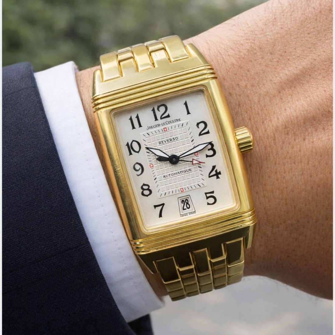 Reverso Gran Sport 18K Yellow Gold Watch Model 290.1.60 by Jaeger LeCoultre: Reverso Gran Sport 18K Yellow Gold Watch Model 290.1.60 by Jaeger LeCoultre This Jaeger-LeCoultre Reverso Gran Sport features an 18K yellow gold case, measuring 44 x 27 mm. The watch is powered by an 