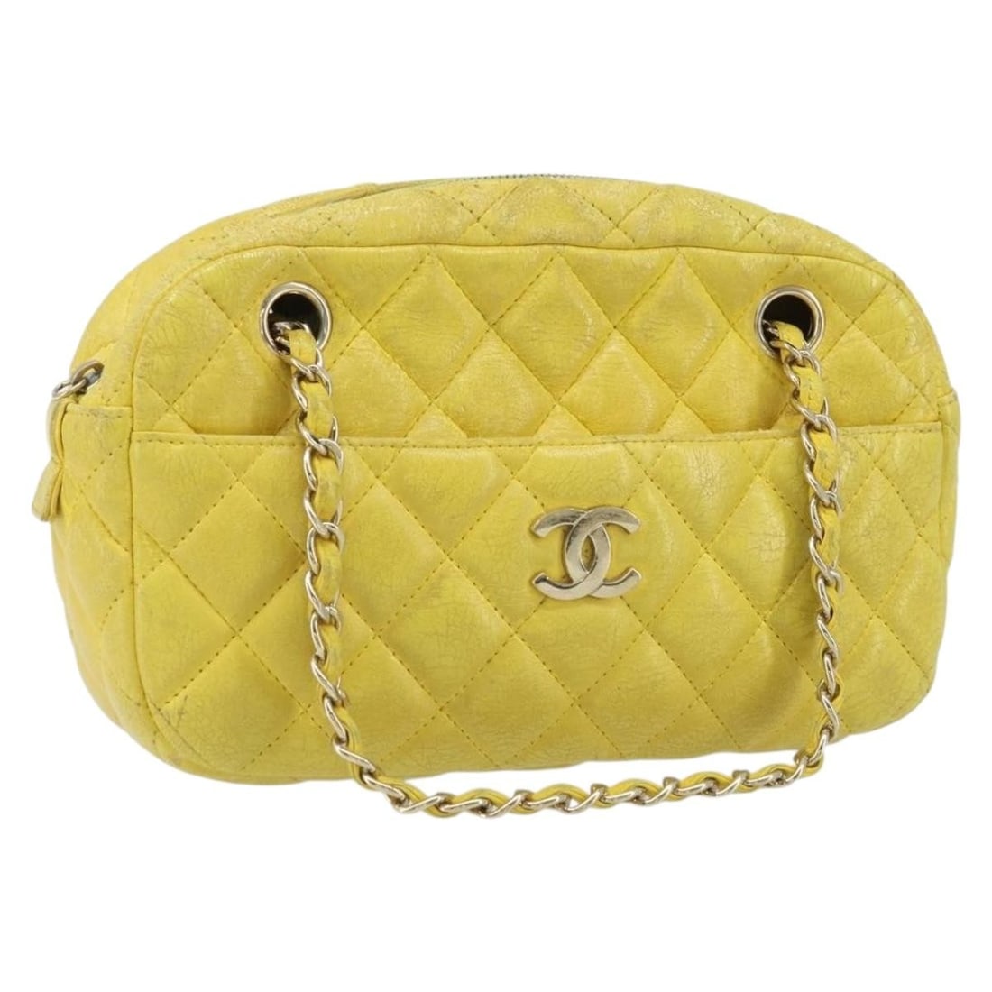 Chanel Matelasse Yellow Lambskin Shoulder Bag with Gold CC Logo: Chanel Matelasse Yellow Lambskin Shoulder Bag with Gold CC Logo This CHANEL Matelasse chain shoulder bag features a yellow and gold lambskin exterior with a signature CC accent. Designed for women, it