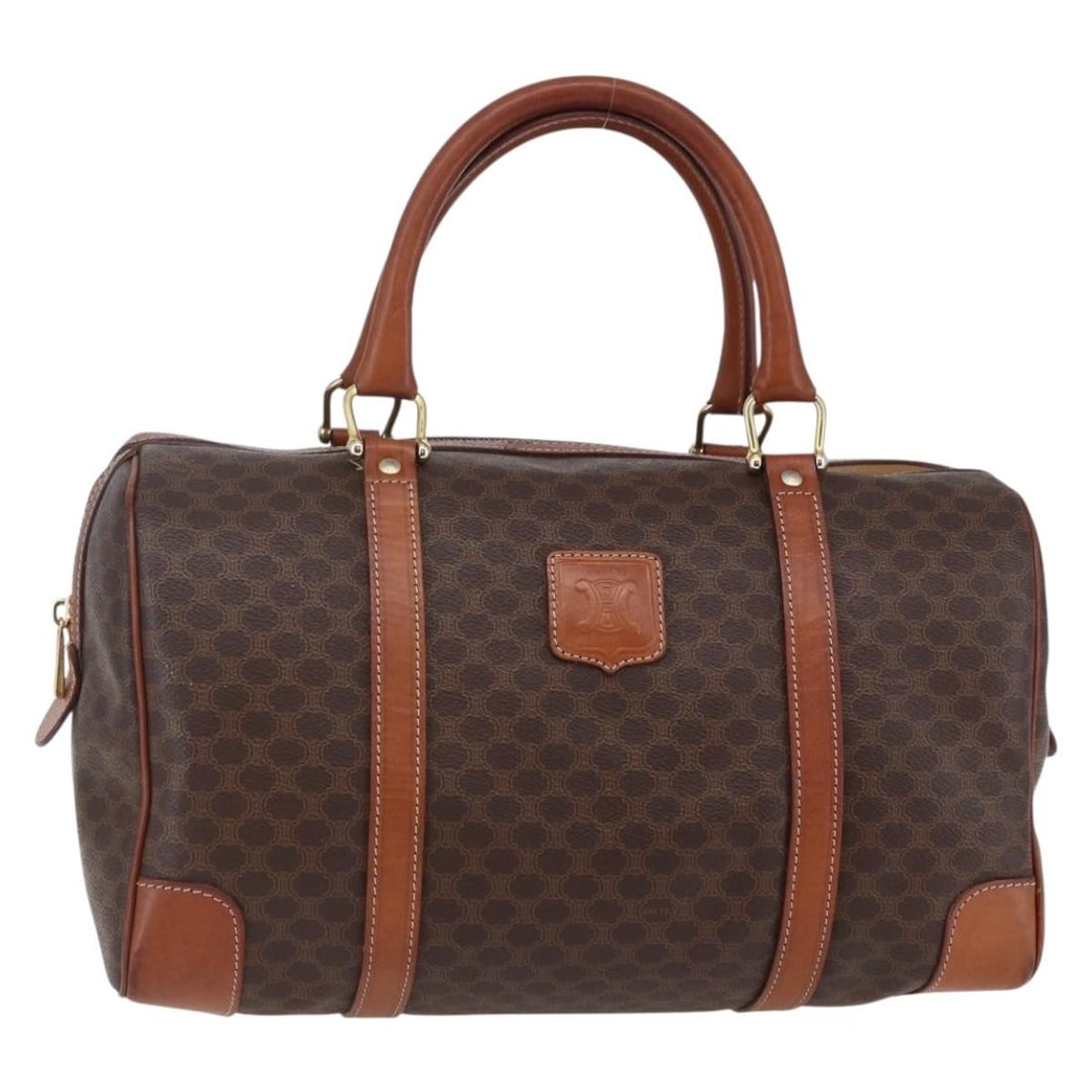 CELINE Brown PVC Leather Mini Boston Bag Made in Italy: CELINE Brown PVC Leather Mini Boston Bag Made in Italy Introducing the CELINE Macadam Canvas Mini Boston Bag, a stylish and sophisticated accessory crafted in Italy. This bag features a durable PVC