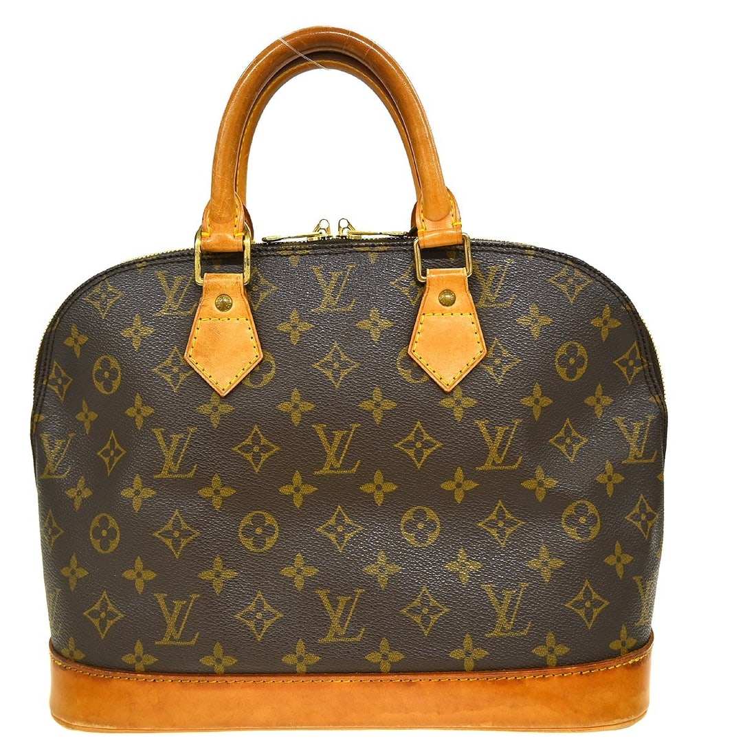 Louis Vuitton Alma Medium Monogram Canvas Handbag M51130 Brown Beige: Louis Vuitton Alma Medium Monogram Canvas Handbag M51130 Brown Beige This Louis Vuitton Alma handbag features the iconic Monogram canvas design with double beige handles and a zip closure. The bag is 