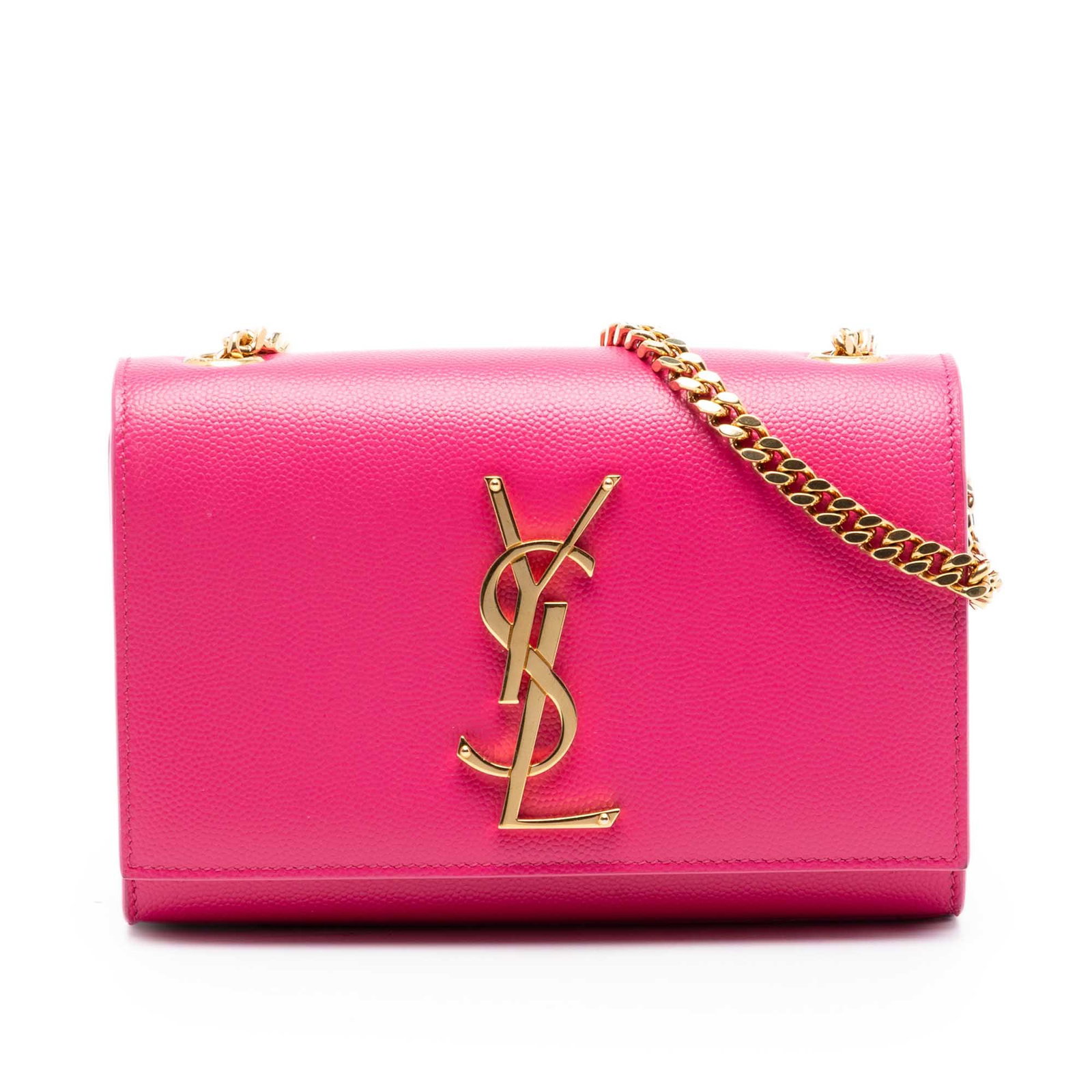Pink Leather Kate Crossbody Bag by Saint Laurent with YSL Logo: Pink Leather Kate Crossbody Bag by Saint Laurent with YSL Logo This Saint Laurent Small Grain De Poudre Monogram Kate Crossbody features a pink leather body with a signature metal YSL logo on the fron