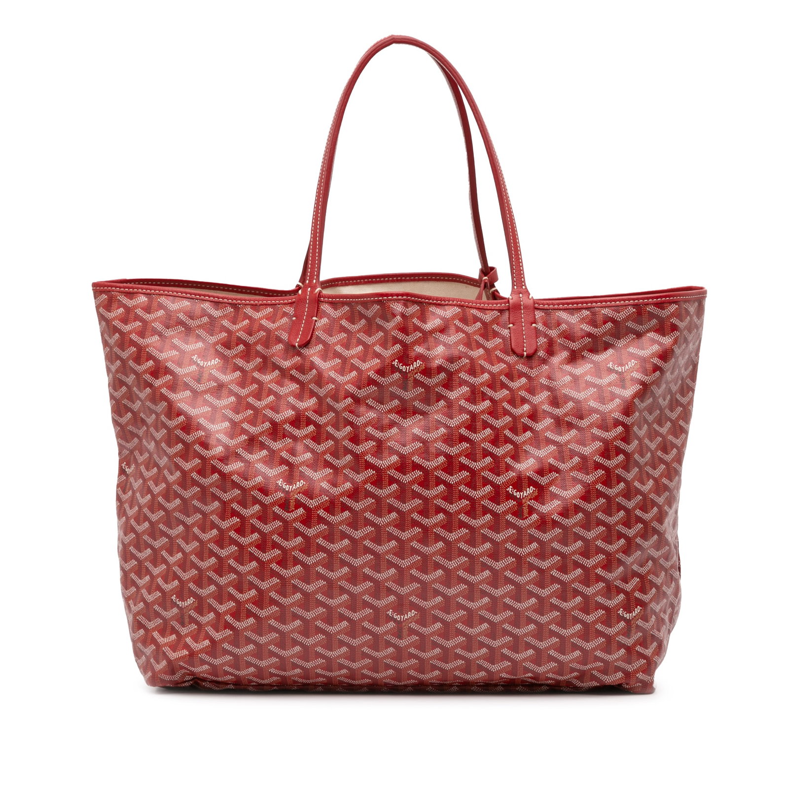 Red Goyard Saint Louis GM Tote with Detachable Pouch: Red Goyard Saint Louis GM Tote with Detachable Pouch The Saint Louis GM features a coated canvas body with leather trim, flat leather straps, an open top design, and comes with a detachable flap pouch