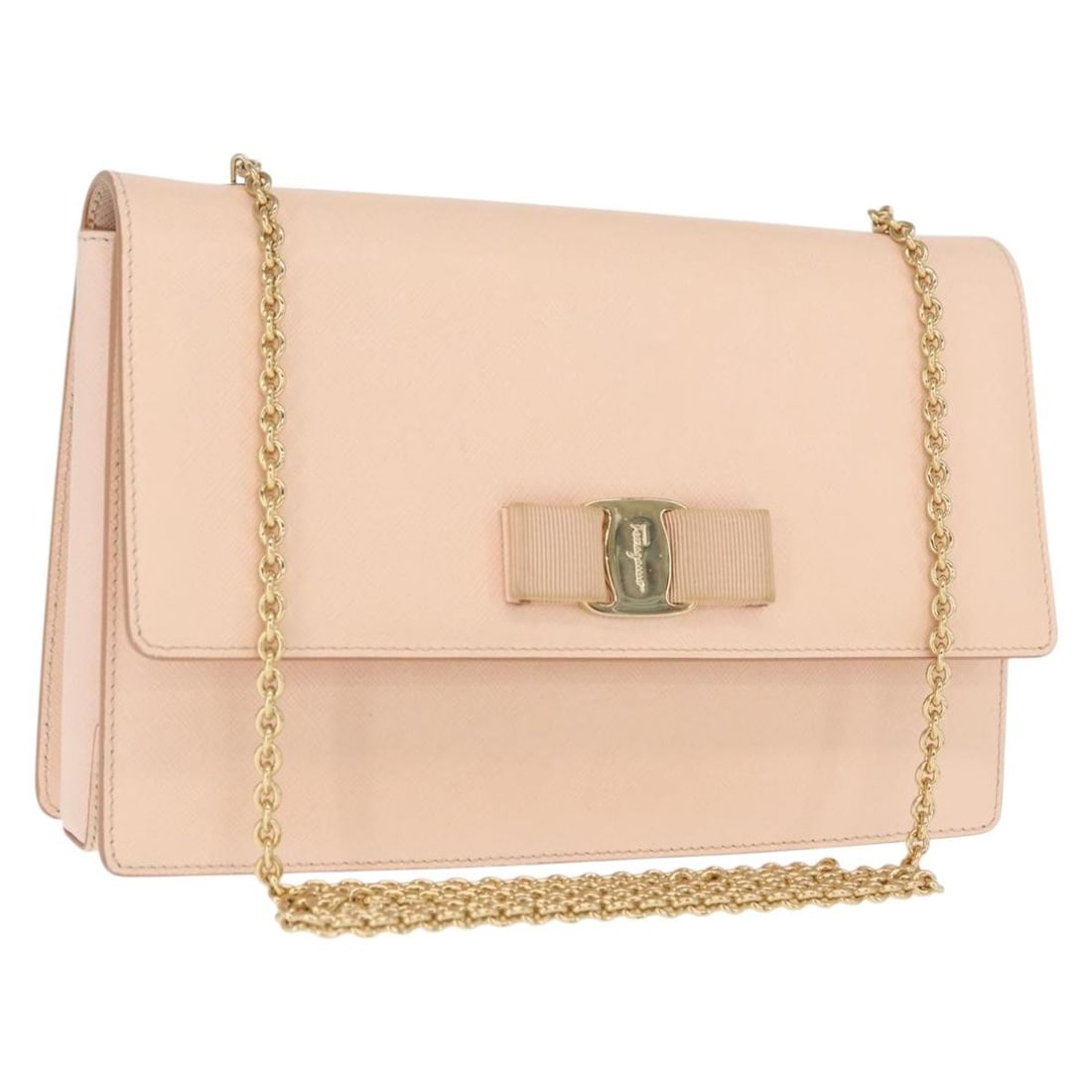 Salvatore Ferragamo Pink Leather Shoulder Bag with Chain Strap and Dust Bag: Salvatore Ferragamo Pink Leather Shoulder Bag with Chain Strap and Dust Bag This Salvatore Ferragamo chain shoulder bag features a pink leather exterior with gold-tone accents. Designed for women, it 