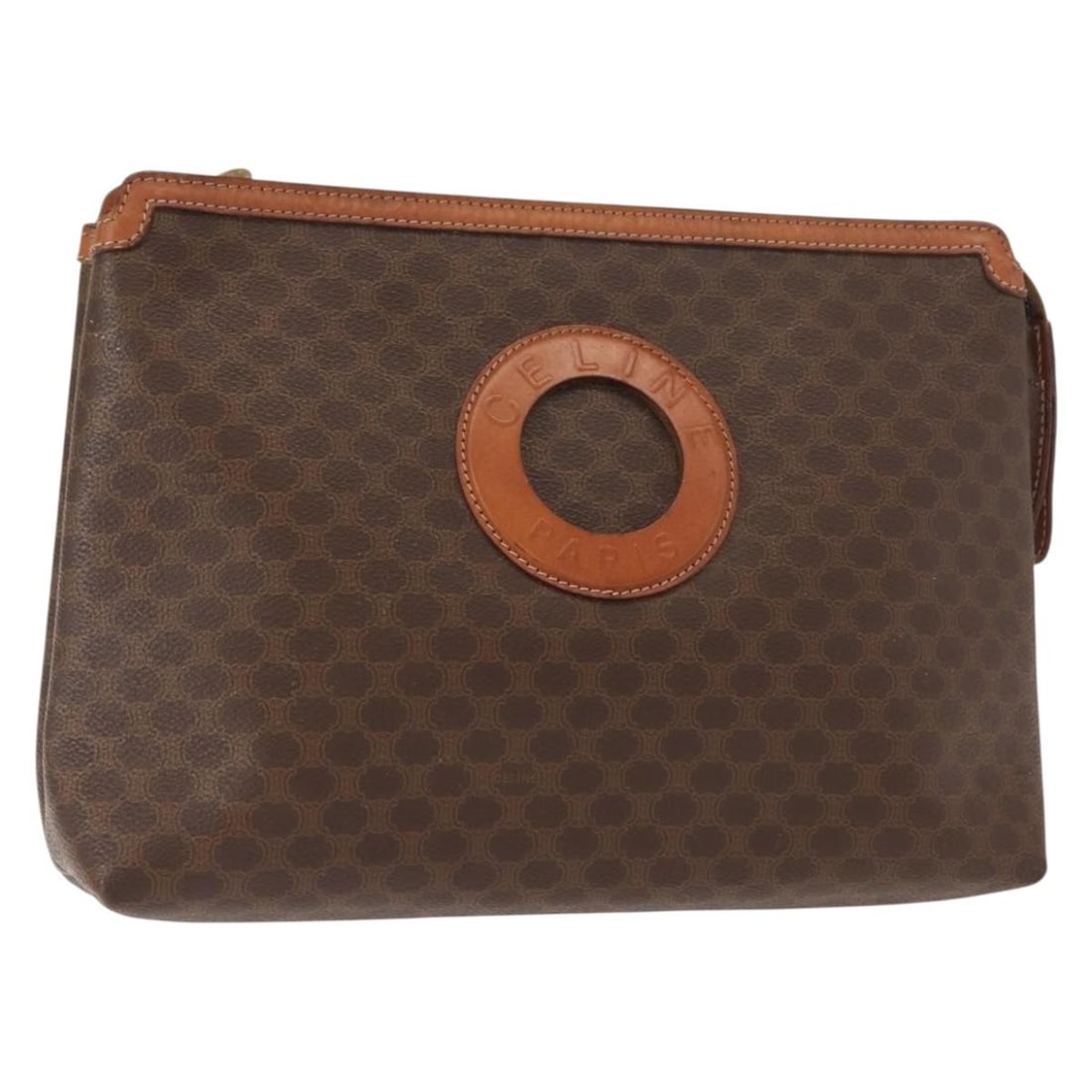 CELINE Macadam Canvas Clutch Bag Brown Gold PVC Leather Italy: CELINE Macadam Canvas Clutch Bag Brown Gold PVC Leather Italy This CELINE Macadam Canvas Clutch Bag combines elegance and practicality, crafted from durable PVC leather in a sophisticated brown and go