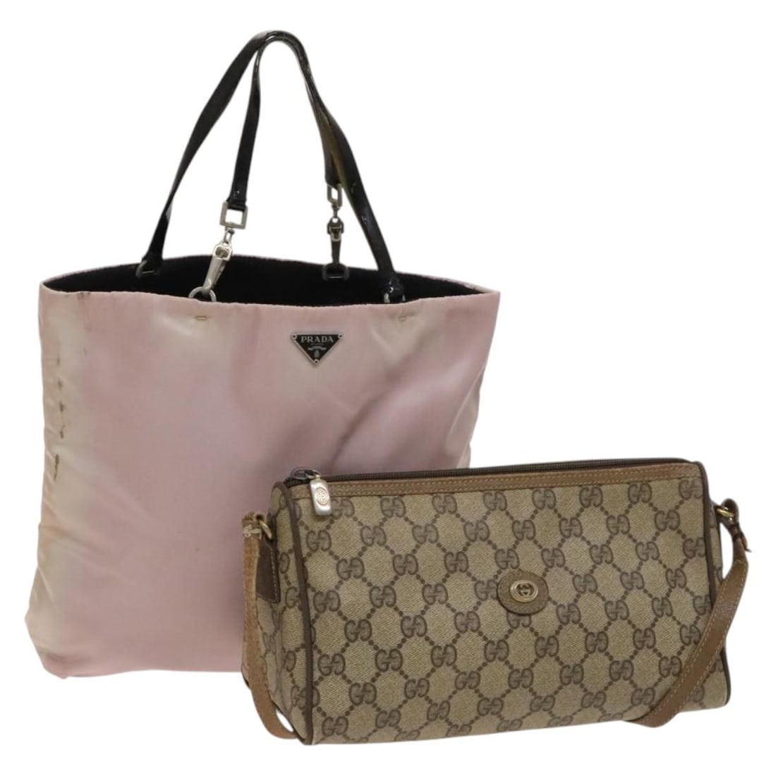 GUCCI GG Supreme PVC Leather Shoulder Bag Set Pink Beige Authentic: GUCCI GG Supreme PVC Leather Shoulder Bag Set Pink Beige Authentic This authentic GUCCI shoulder bag features a stylish combination of pink and beige colors. Crafted from durable PVC leather and GG ca
