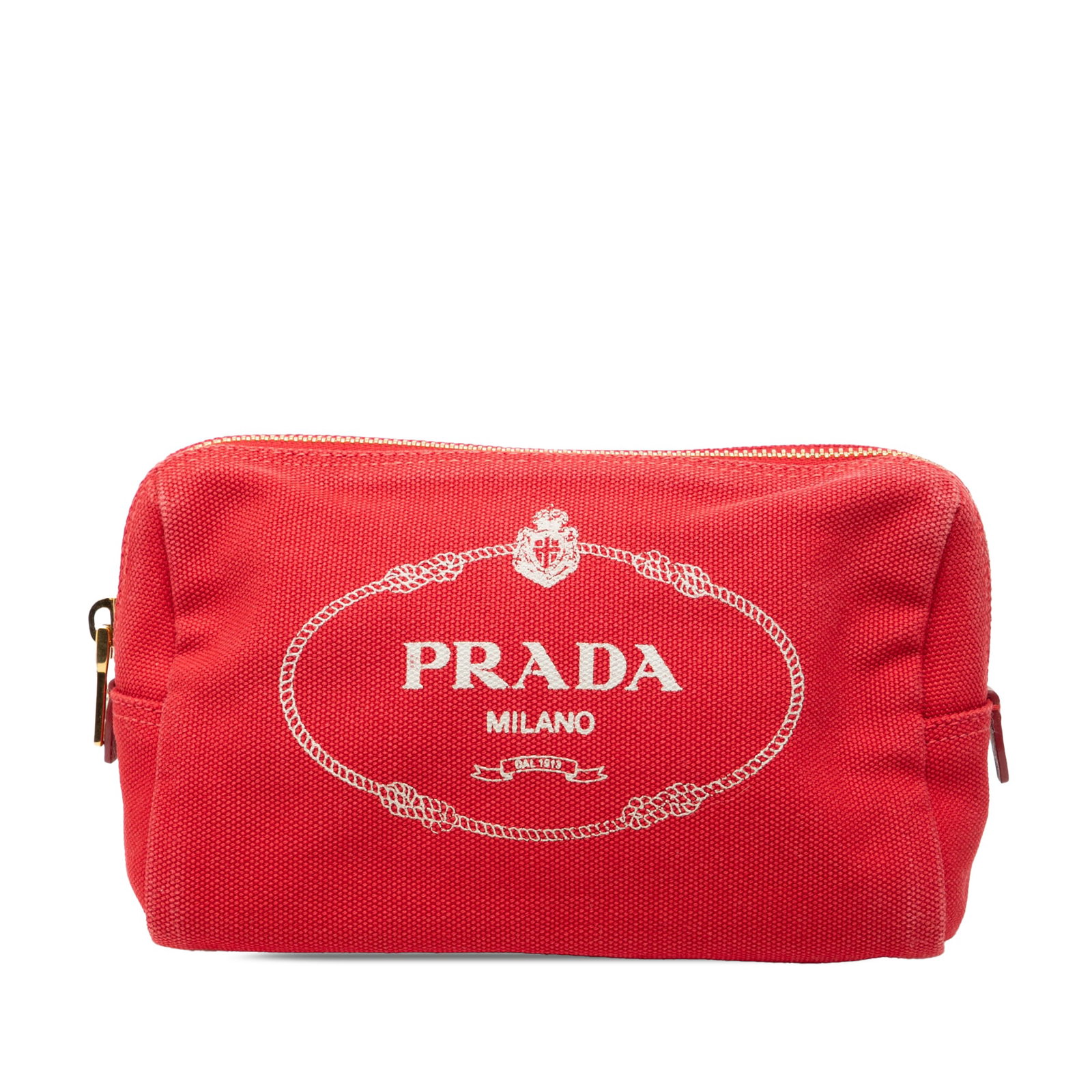 Red Fabric Pouch by Prada Canapa Logo Collection: Red Fabric Pouch by Prada Canapa Logo Collection This Prada Canvas Canapa Logo Pouch features a durable canvas body in red with a top zip closure and an interior zip pocket. The pouch shows signs of u