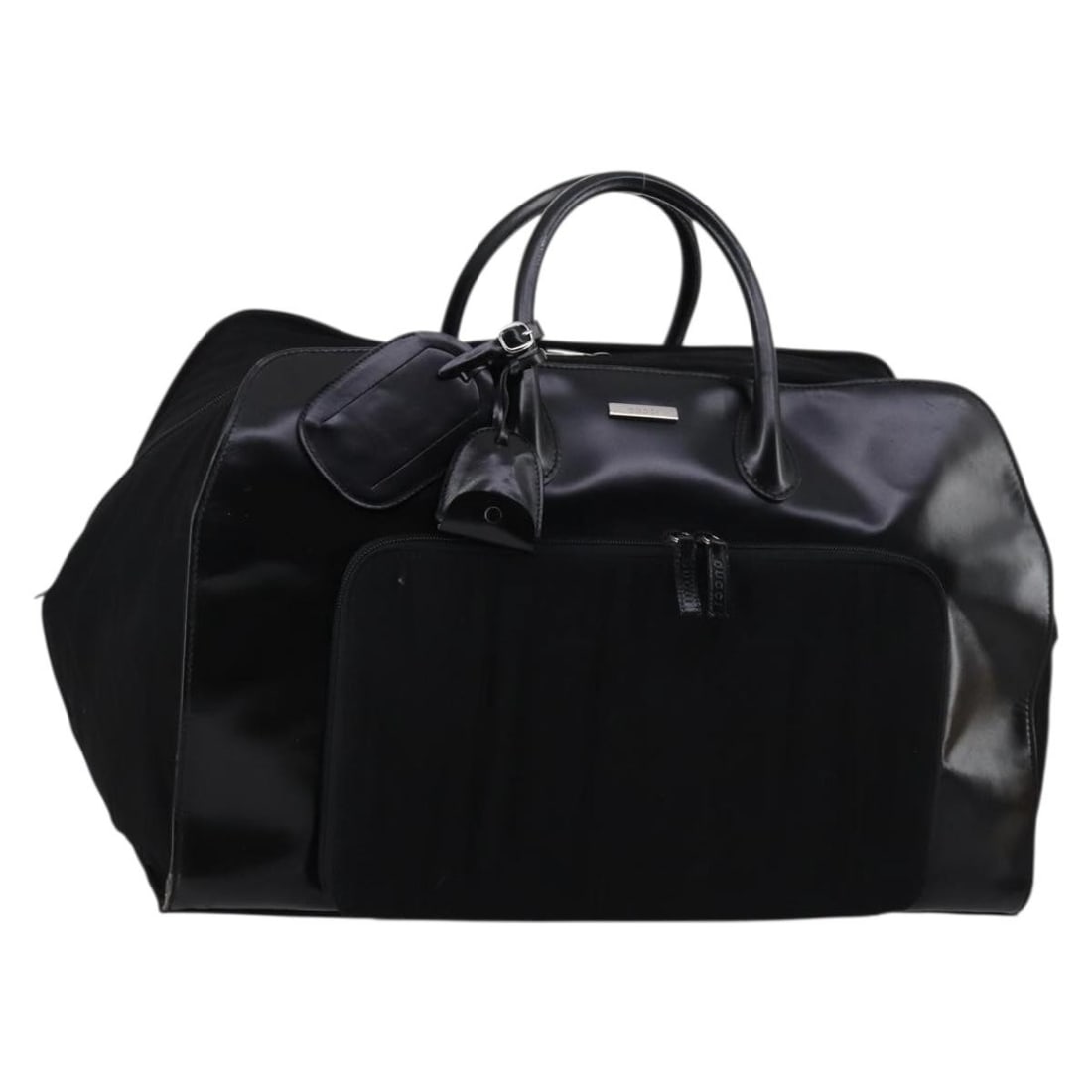 Travel Boston Bag in Black Leather and Nylon by Gucci: Travel Boston Bag in Black Leather and Nylon by Gucci This pre-owned Gucci Travel Boston Bag features a black leather exterior with nylon accents, designed for unisex use. Made in Italy, it offers amp
