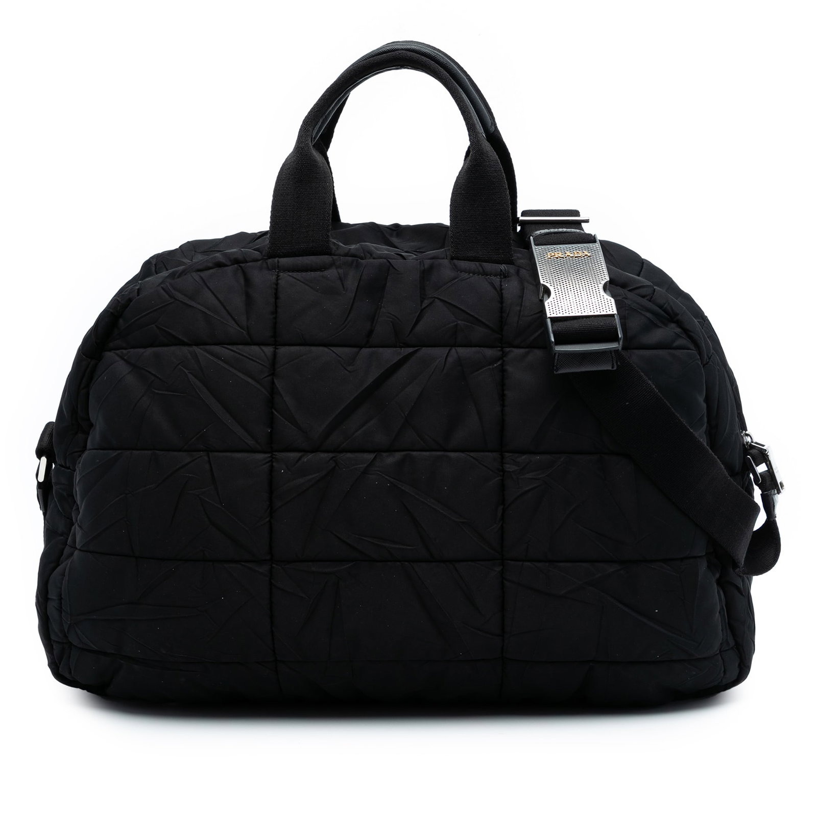 Prada Tessuto Bomber Black Quilted Nylon Travel Bag with Detachable Strap: Prada Tessuto Bomber Black Quilted Nylon Travel Bag with Detachable Strap This Prada Tessuto Bomber Travel Bag features a quilted nylon exterior in black, rolled handles, a detachable strap, a top zip