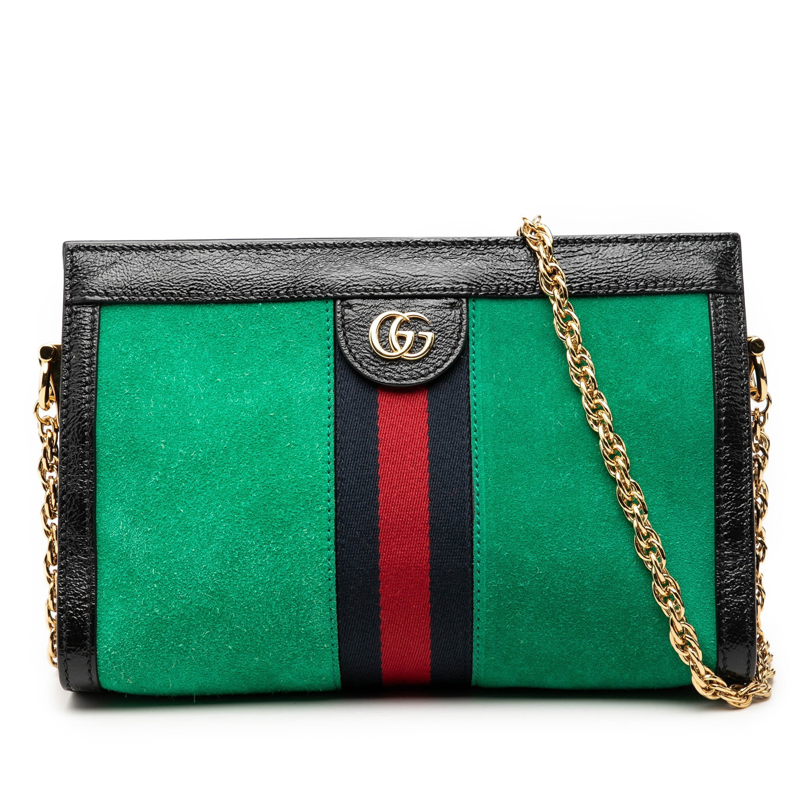 Gucci Ophidia Small Green Suede Leather Chain Shoulder Bag: Gucci Ophidia Small Green Suede Leather Chain Shoulder Bag This Gucci Ophidia crossbody bag features a suede body with leather trim and a gold-tone chain shoulder strap. It offers magnetic top closure
