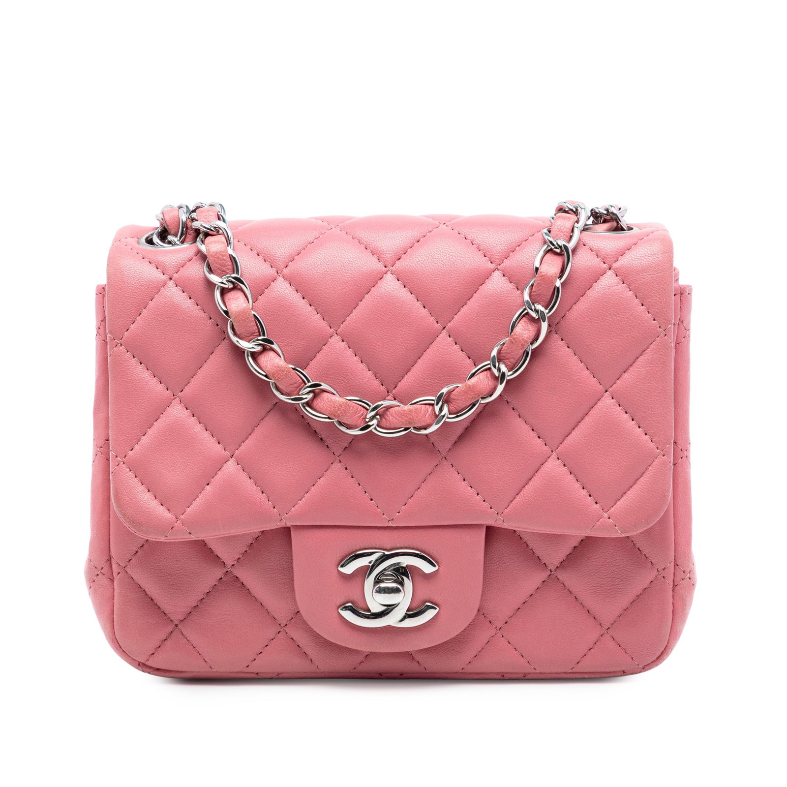 Chanel Pink Mini Square Classic Lambskin Quilted Shoulder Bag: Chanel Pink Mini Square Classic Lambskin Quilted Shoulder Bag This Chanel Mini Square Classic Lambskin Single Flap bag features a quilted lambskin leather body in pink, a leather-woven chain-link shou
