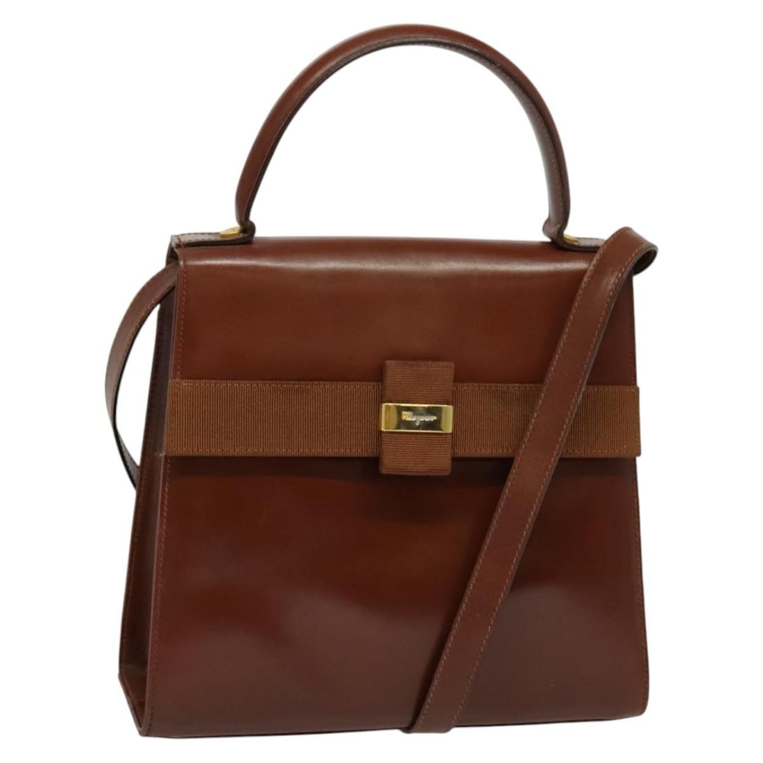 Salvatore Ferragamo Vala Leather Hand Bag Brown Gold 2-Way Italy: Salvatore Ferragamo Vala Leather Hand Bag Brown Gold 2-Way Italy Elevate your style with this Salvatore Ferragamo Vala Hand Bag, expertly crafted in Italy from premium leather. This exquisite handbag 