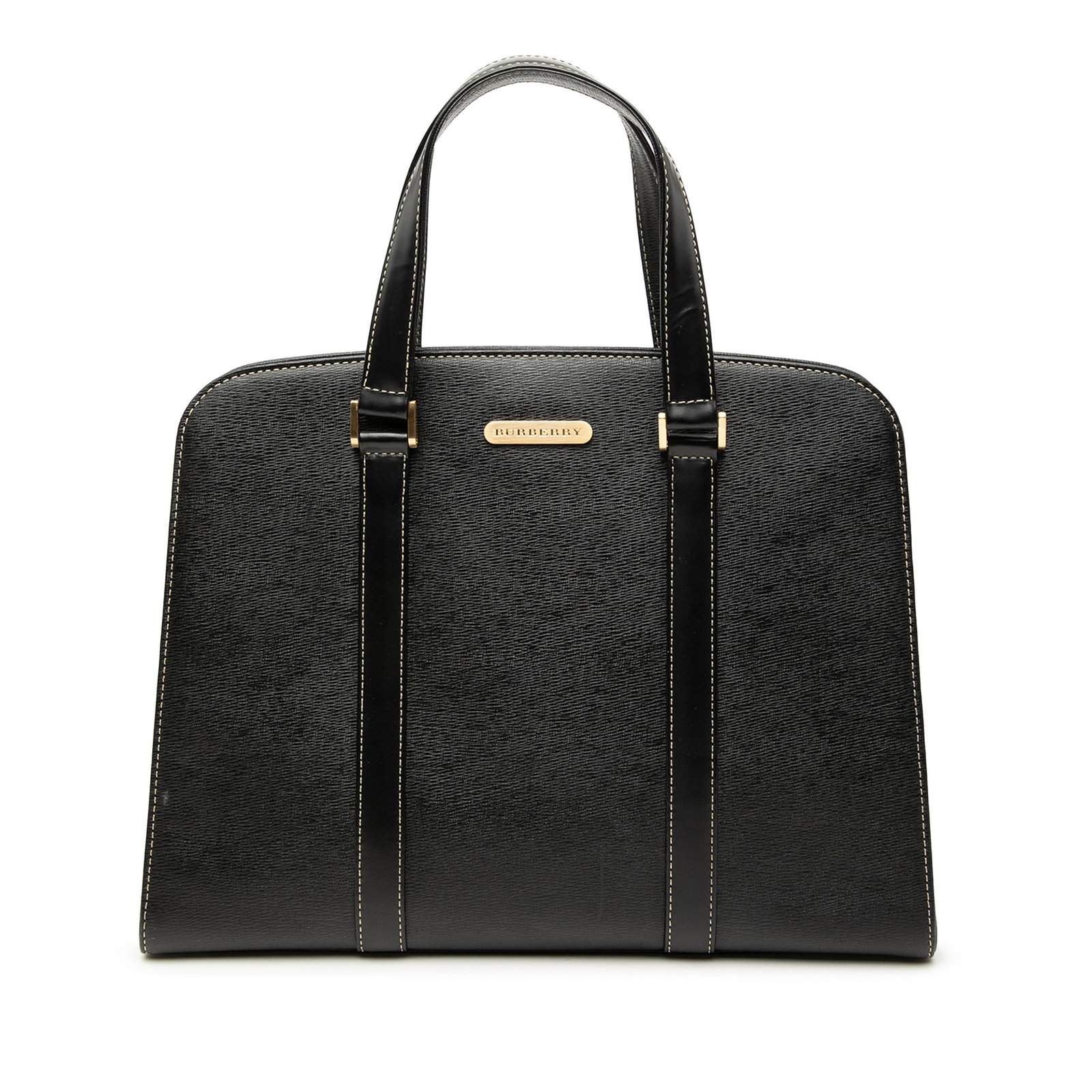 Burberry Black Leather Tote Bag with Magnetic Snap Closure: Burberry Black Leather Tote Bag with Magnetic Snap Closure This Burberry tote bag features a black leather body with flat leather handles and an open top secured by a magnetic snap closure. The interi