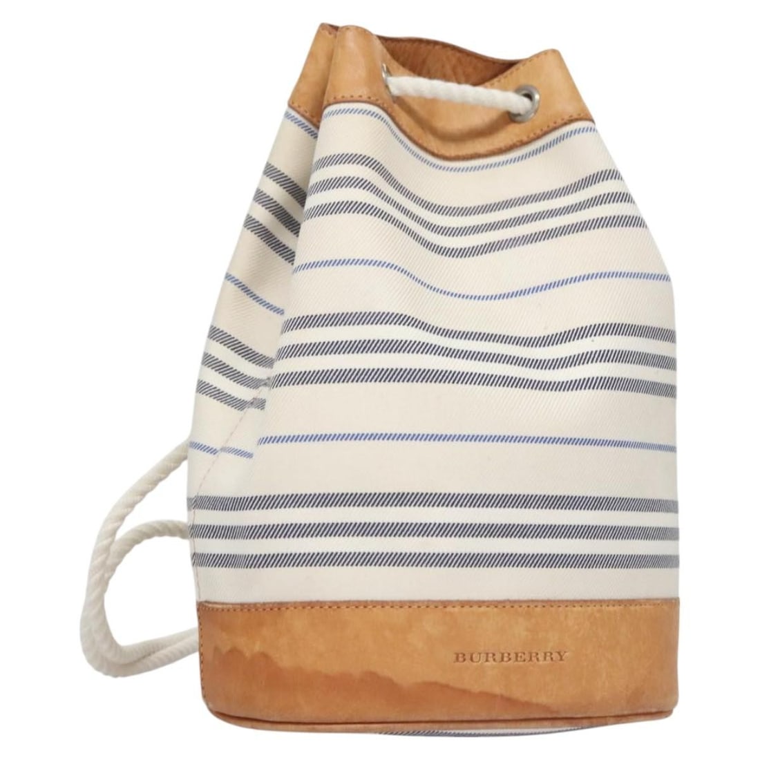 Burberry White and Brown Canvas Women's Backpack Made in Italy: Burberry White and Brown Canvas Women's Backpack Made in Italy This BURBERRY women's backpack features a white and brown canvas exterior with brown leather accents. The bag is heavily used, showing si