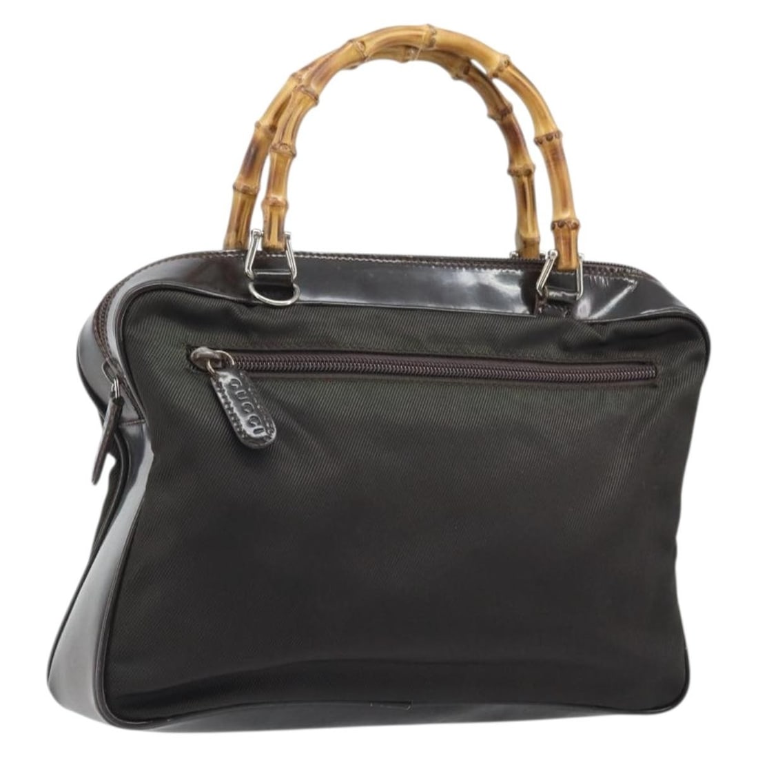 Brown Nylon Gucci Bamboo Handle Purse Silver Hardware 000 2040 0538 Italy: Brown Nylon Gucci Bamboo Handle Purse Silver Hardware 000 2040 0538 Italy This is a Gucci bamboo hand bag crafted from brown nylon with silver-tone accents. Designed for women, it features a distincti