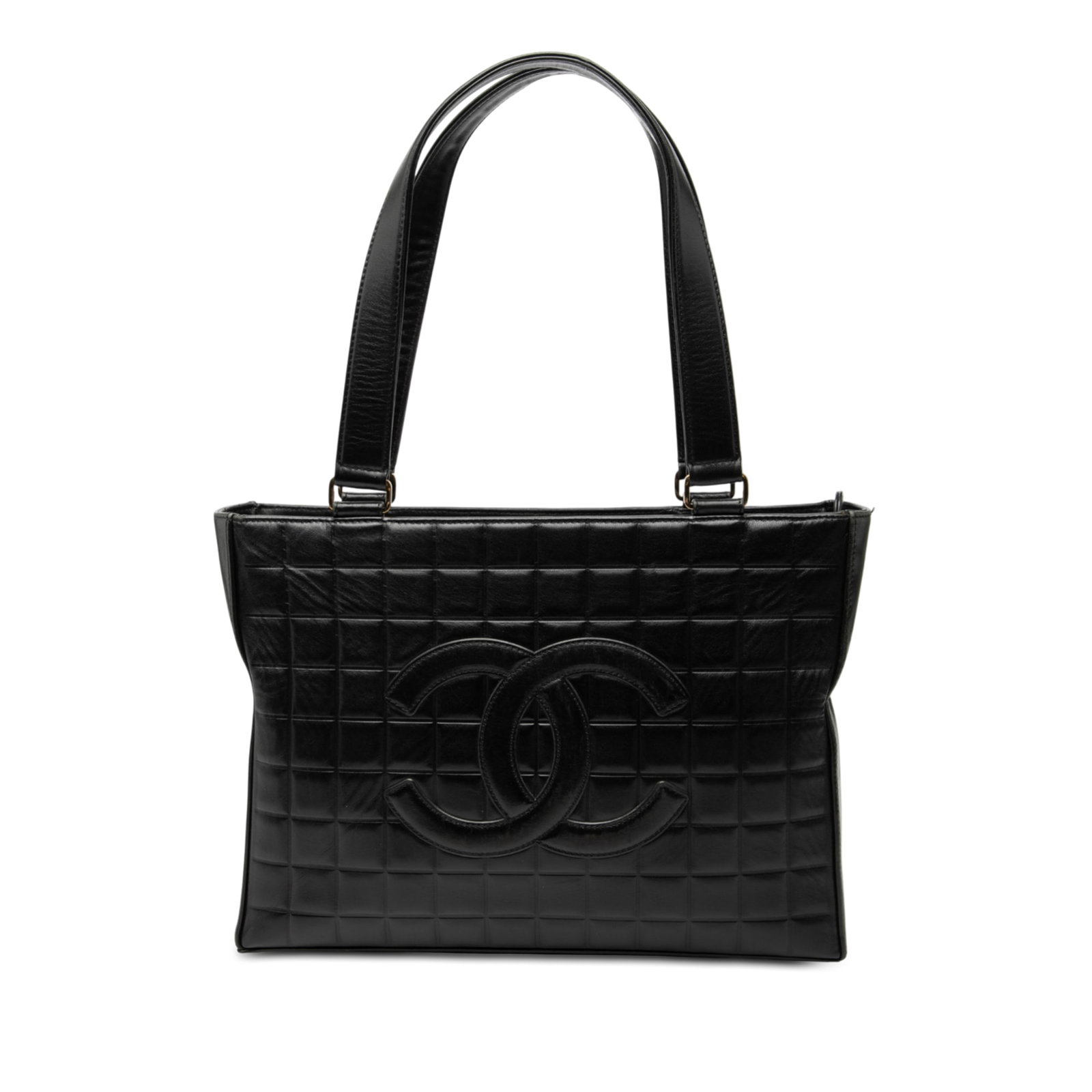 Black Chanel CC Chocolate Bar Quilted Lambskin Leather Shoulder Tote Bag: Black Chanel CC Chocolate Bar Quilted Lambskin Leather Shoulder Tote Bag This Chanel CC Chocolate Bar Lambskin Tote is crafted from black quilted lambskin leather and features flat leather shoulder st