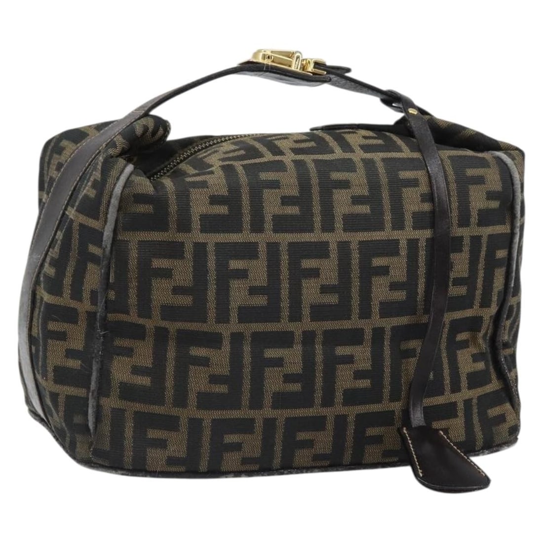 Fendi Zucca Canvas Black Brown Vanity Cosmetic Bag with Key and Clochette: Fendi Zucca Canvas Black Brown Vanity Cosmetic Bag with Key and Clochette This FENDI cosmetic pouch features the iconic Zucca canvas in black and brown. Designed for travel or daily organization, it o