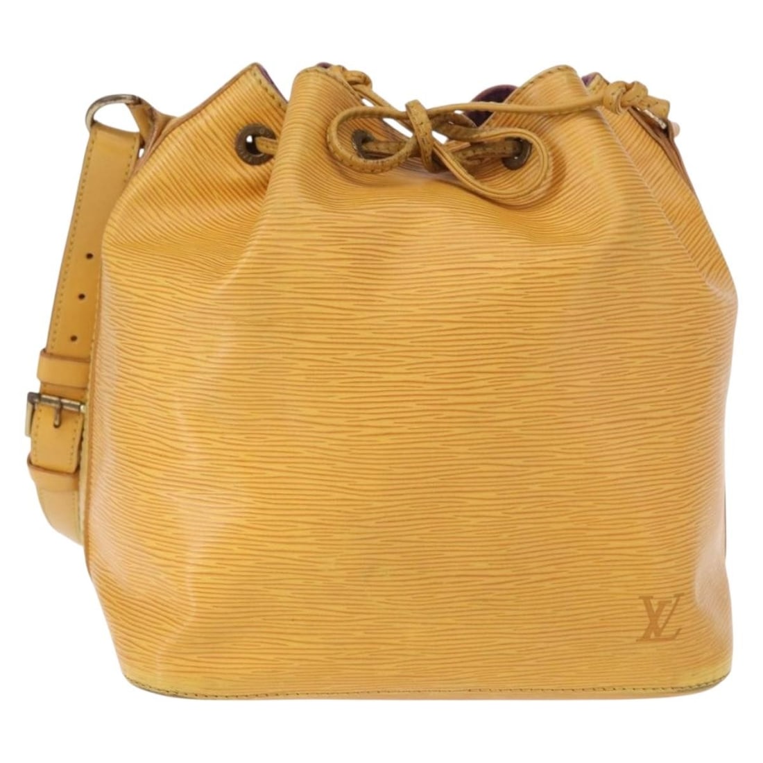 Yellow Epi Leather Petit Noe Shoulder Bag by Louis Vuitton M44109: Yellow Epi Leather Petit Noe Shoulder Bag by Louis Vuitton M44109 This is a Louis Vuitton Petit Noe shoulder bag in yellow Epi leather. The bag features an adjustable shoulder strap and a drawstring c