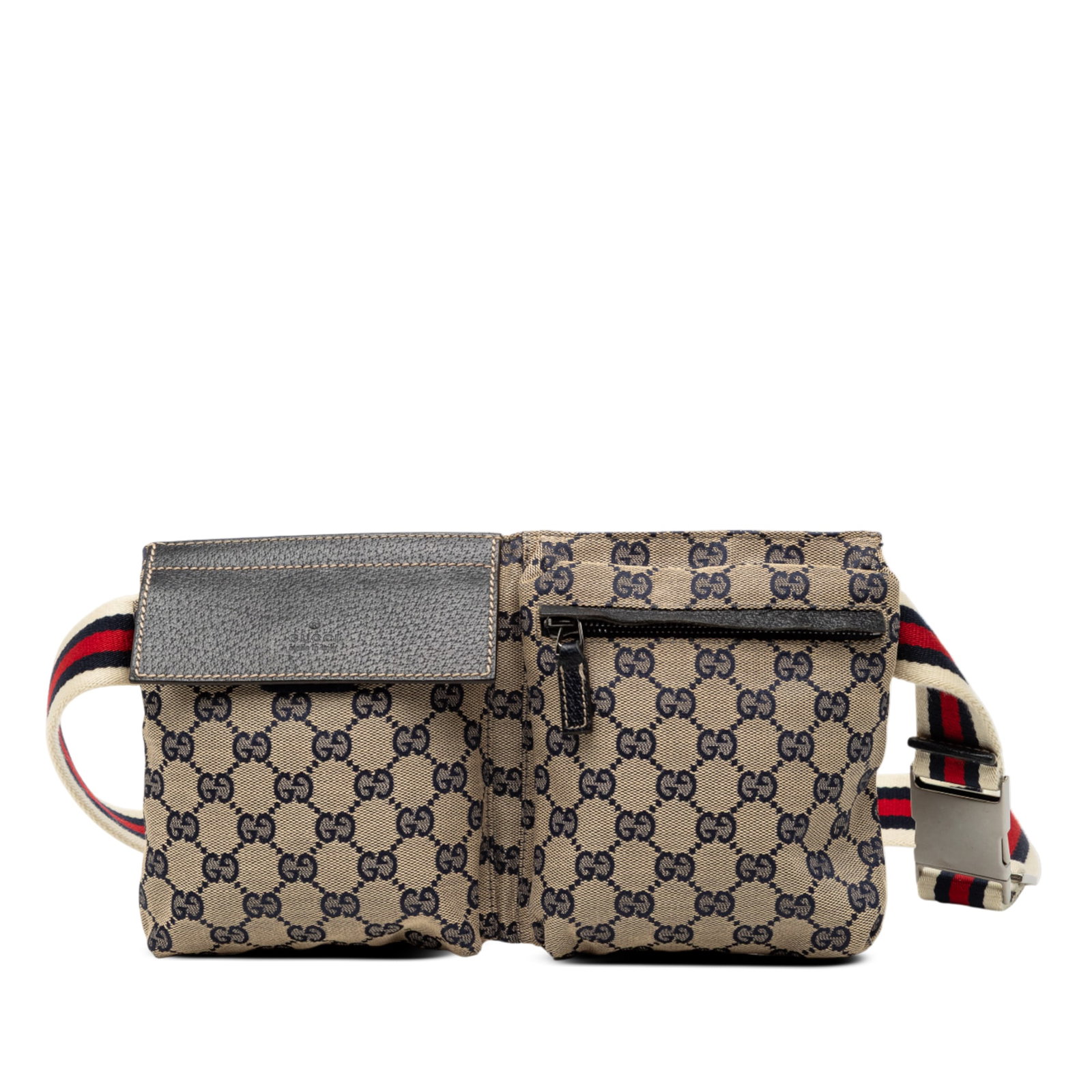Gucci GG Canvas Web Belt Bag with Dual Front Pockets: Gucci GG Canvas Web Belt Bag with Dual Front Pockets This Gucci GG Canvas Web Double Pocket Belt Bag features a beige GG canvas exterior, a flat web canvas waist strap, front flap and zip compartments