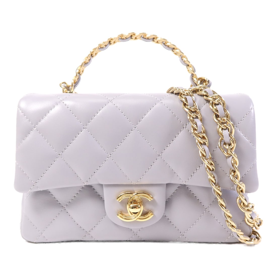 Chanel Lambskin Gray 2-Way Shoulder Bag with Gold Hardware: Chanel Lambskin Gray 2-Way Shoulder Bag with Gold Hardware This CHANEL 2-way shoulder bag is crafted from luxurious lambskin leather in a sophisticated grey color. Designed for versatility, it can be 