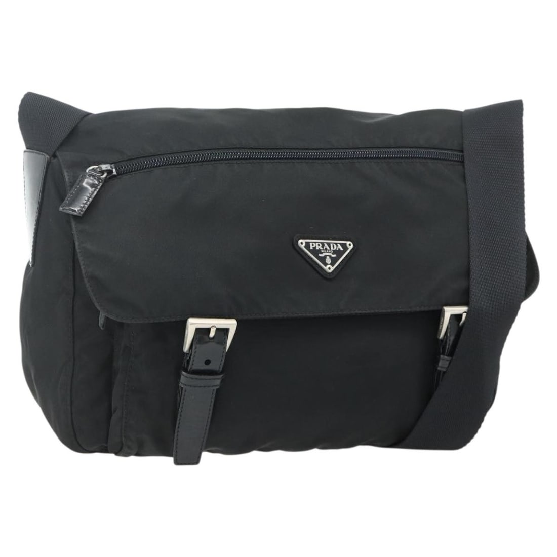 Prada Nylon Black Silver Women Shoulder Bag Italy: Prada Nylon Black Silver Women Shoulder Bag Italy This PRADA shoulder bag is crafted from black nylon with silver-tone accents, offering a sleek and practical design. Made in Italy, it features an adj