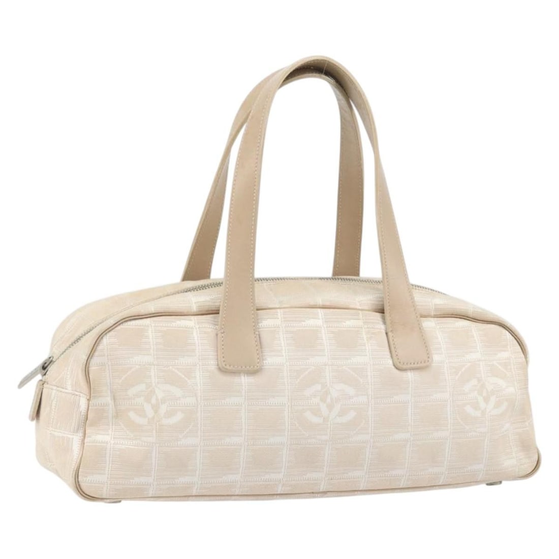 Chanel New Travel Line Beige Nylon Handbag with Gold CC Logo: Chanel New Travel Line Beige Nylon Handbag with Gold CC Logo This CHANEL Travel Line handbag is crafted from beige nylon with gold-tone accents. Designed for women, it features a top handle and a spac