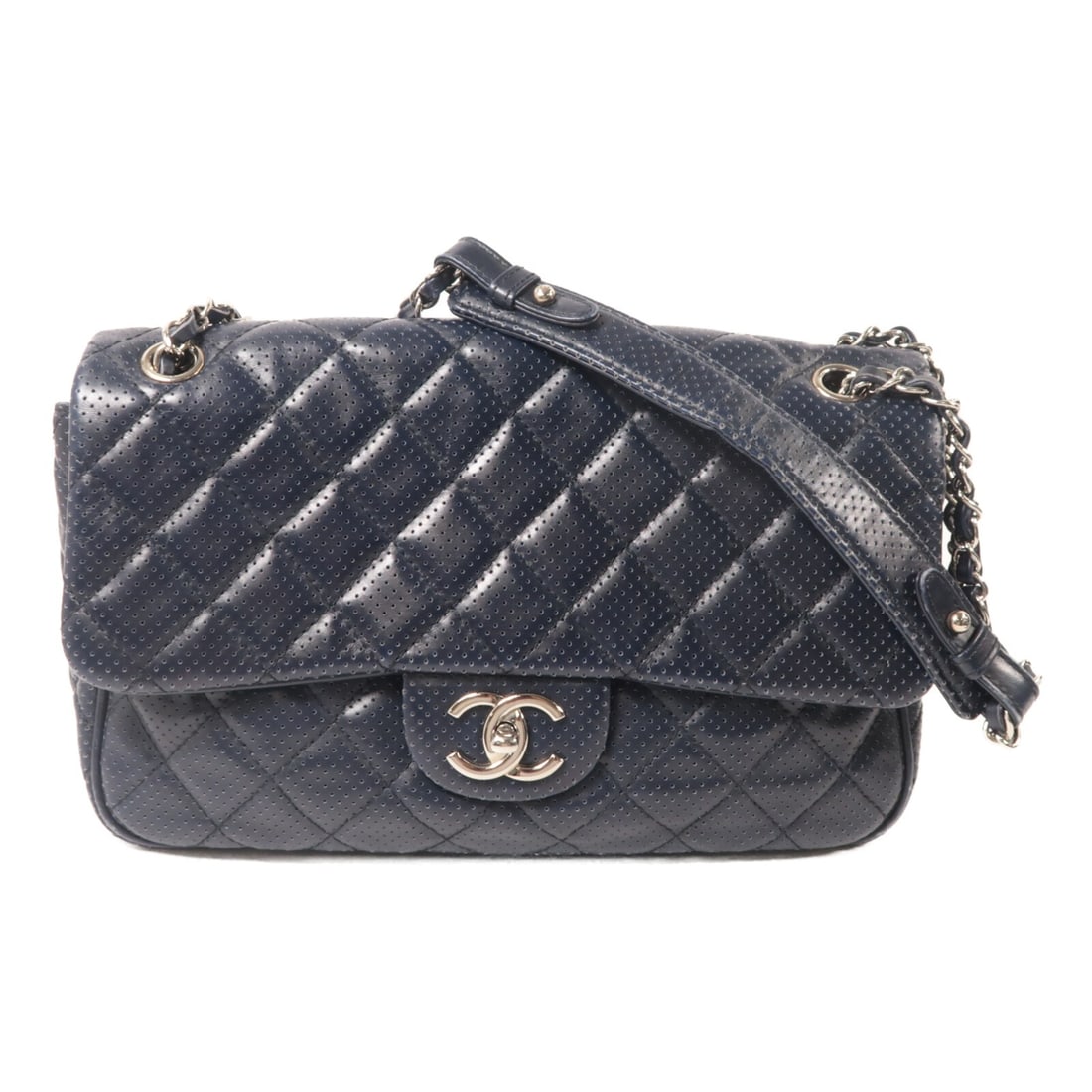 Navy CHANEL Calfskin CC Chain Shoulder Bag SHW: Navy CHANEL Calfskin CC Chain Shoulder Bag SHW This CHANEL shoulder bag is crafted from navy calfskin leather and features the signature CC logo with silver-tone hardware. Designed for women, it offer