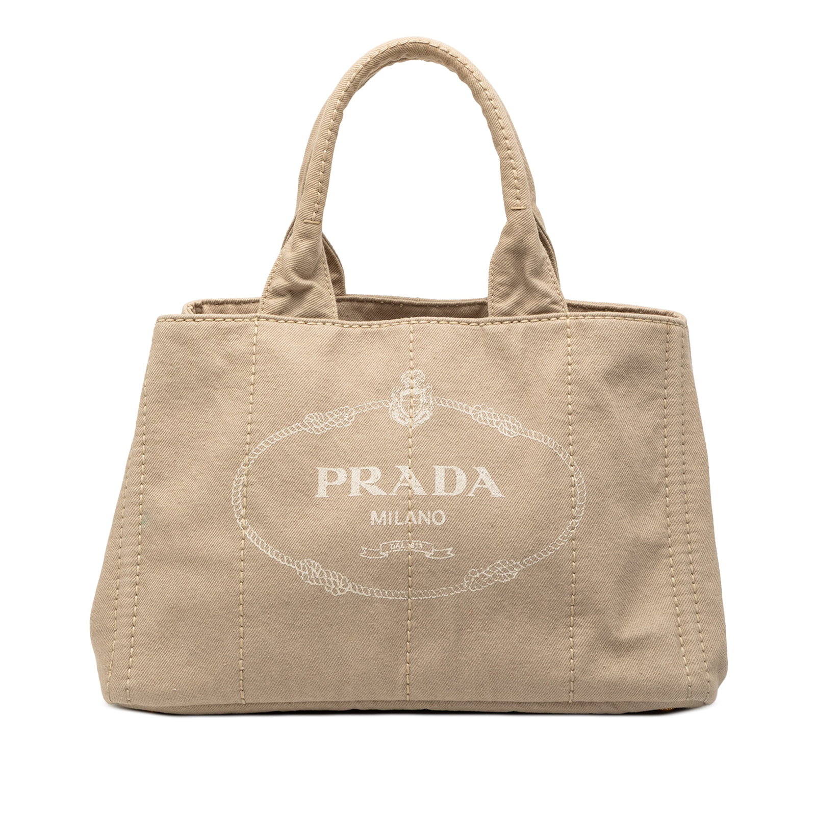 Beige Canvas Satchel by Prada Canapa Logo Collection: Beige Canvas Satchel by Prada Canapa Logo Collection This Prada Canvas Canapa Logo Satchel features a beige canvas body with rolled handles, an open top design, and interior zip and slip pockets. The 