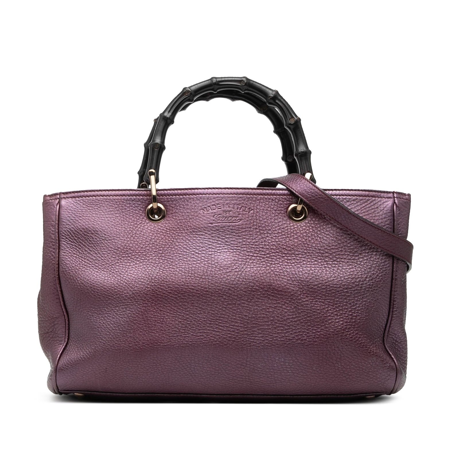 Gucci Bamboo Handle Medium Leather Satchel with Detachable Strap: Gucci Bamboo Handle Medium Leather Satchel with Detachable Strap This Gucci Medium Calfskin Bamboo Shopper Satchel features a purple leather body with bamboo top handles, a flat detachable leather str