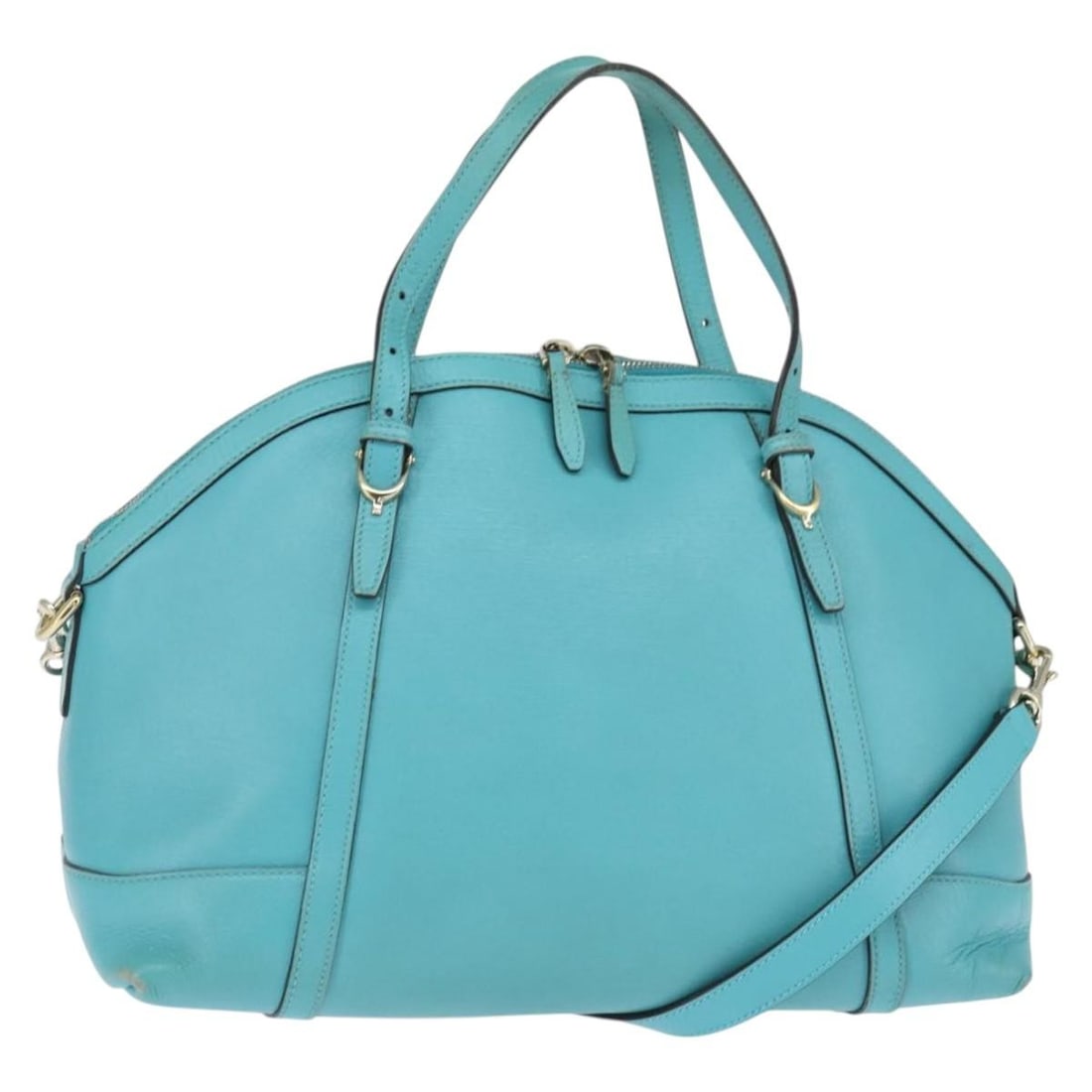 GUCCI 2way Leather Hand Bag Turquoise Blue Gold Auth 309614: GUCCI 2way Leather Hand Bag Turquoise Blue Gold Auth 309614 This authentic GUCCI handbag is a stylish accessory crafted in Italy from high-quality leather. The exterior showcases a vibrant turquoise b