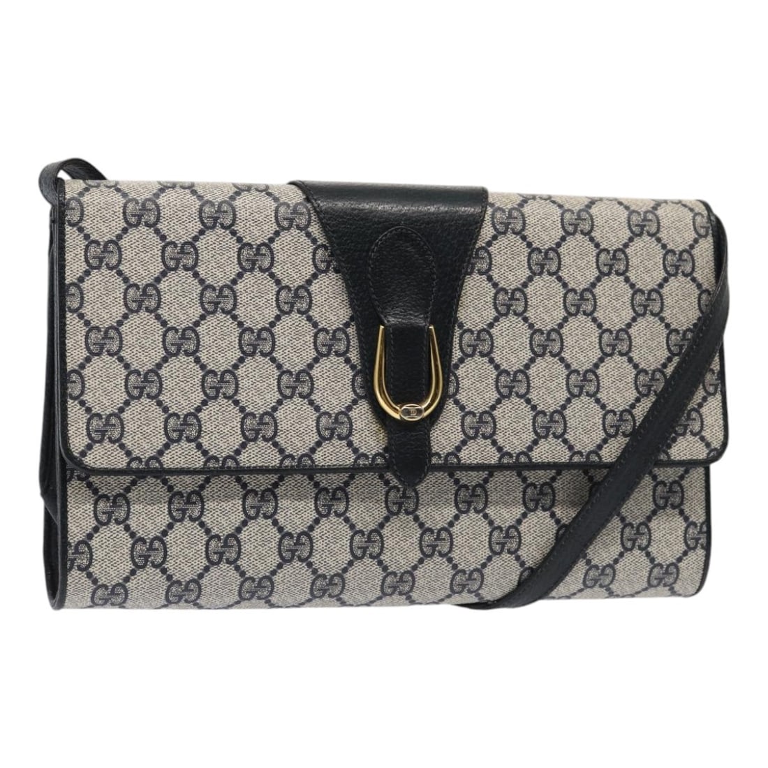 Gucci GG Supreme Navy Shoulder Bag PVC Leather 94 02 050 Italy: Gucci GG Supreme Navy Shoulder Bag PVC Leather 94 02 050 Italy This Gucci GG Supreme shoulder bag features a combination of PVC leather and GG canvas in navy and gold tones. Designed for women, the ba
