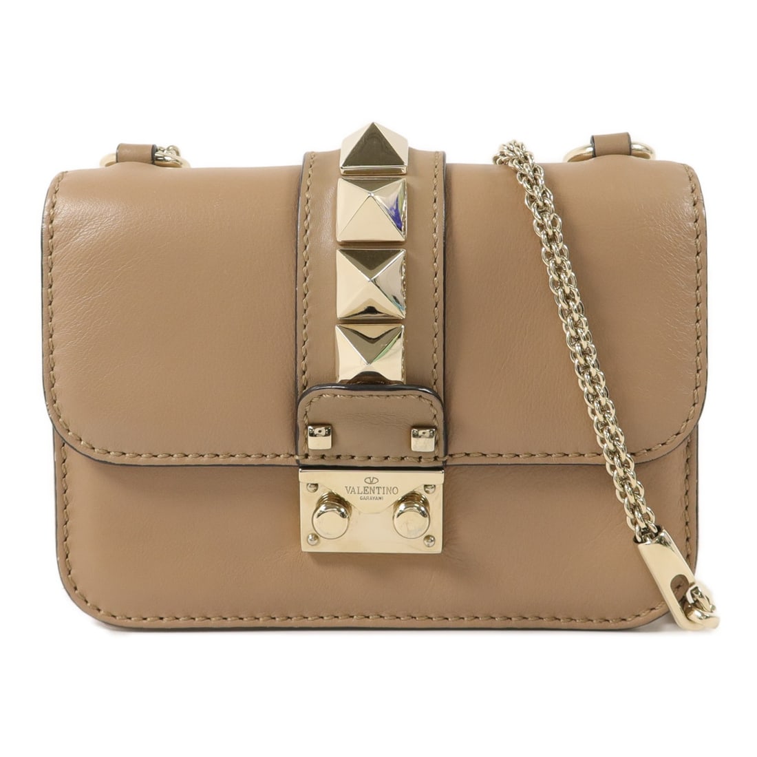 Valentino Rockstud Glam Lock Beige Calfskin Shoulder Bag GHW: Valentino Rockstud Glam Lock Beige Calfskin Shoulder Bag GHW This Valentino Rockstud Glam Lock shoulder bag is crafted from beige calfskin leather, featuring a structured flap design and chain shoulde
