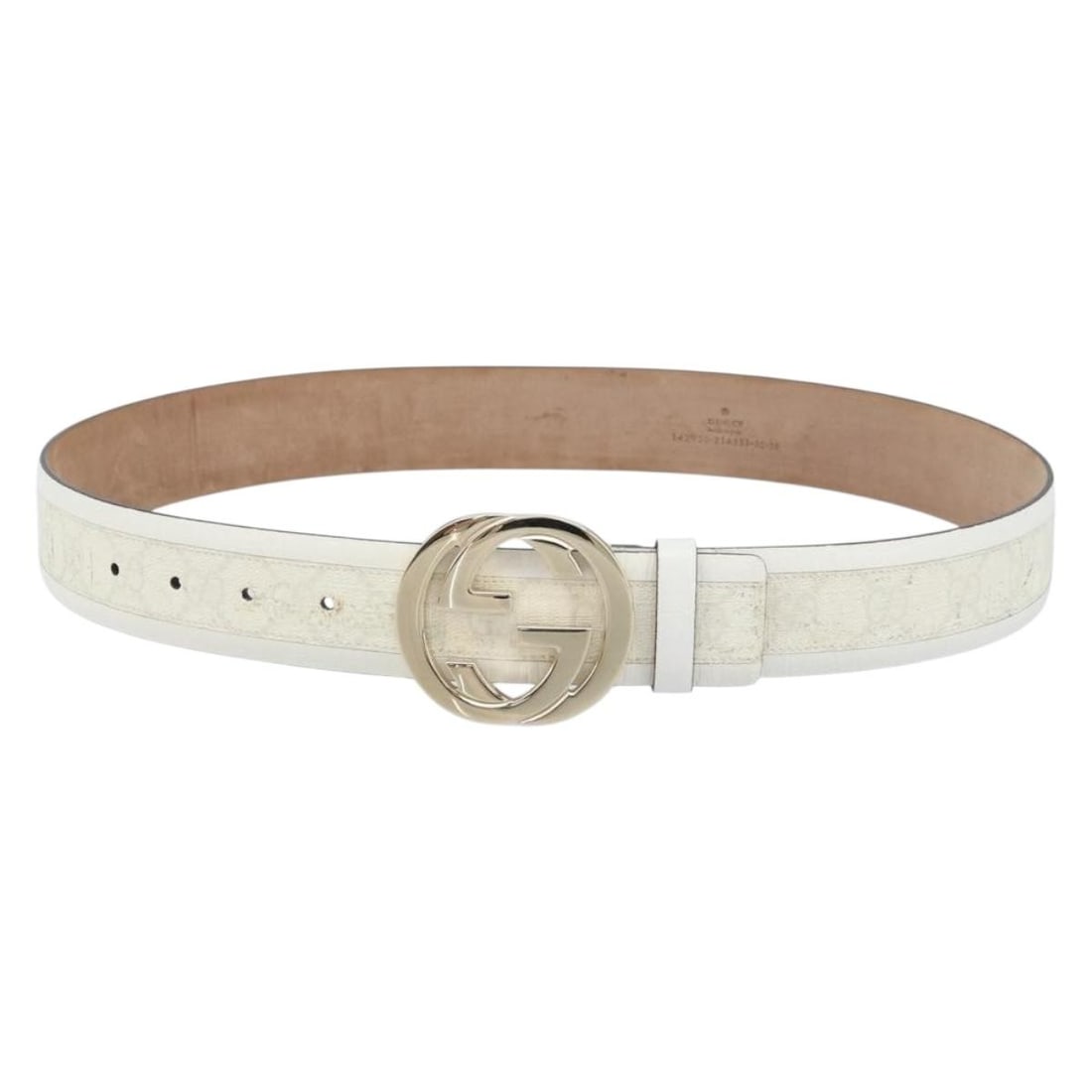 White GG Supreme Interlocking Belt by Gucci PVC Leather 39.4 Inch Model 142930: White GG Supreme Interlocking Belt by Gucci PVC Leather 39.4 Inch Model 142930 This authentic Gucci Interlocking GG Supreme belt is crafted from white PVC leather and GG canvas, featuring a total leng