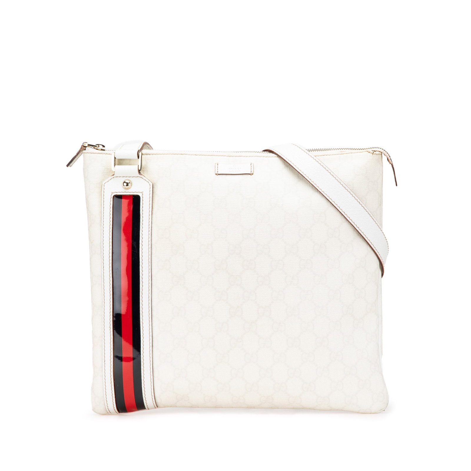 Gucci GG Supreme Web White Crossbody Shoulder Bag: Gucci GG Supreme Web White Crossbody Shoulder Bag This Gucci GG Supreme Web Crossbody is a stylish shoulder bag crafted from coated canvas, featuring iconic web detailing. It includes a flat leather s