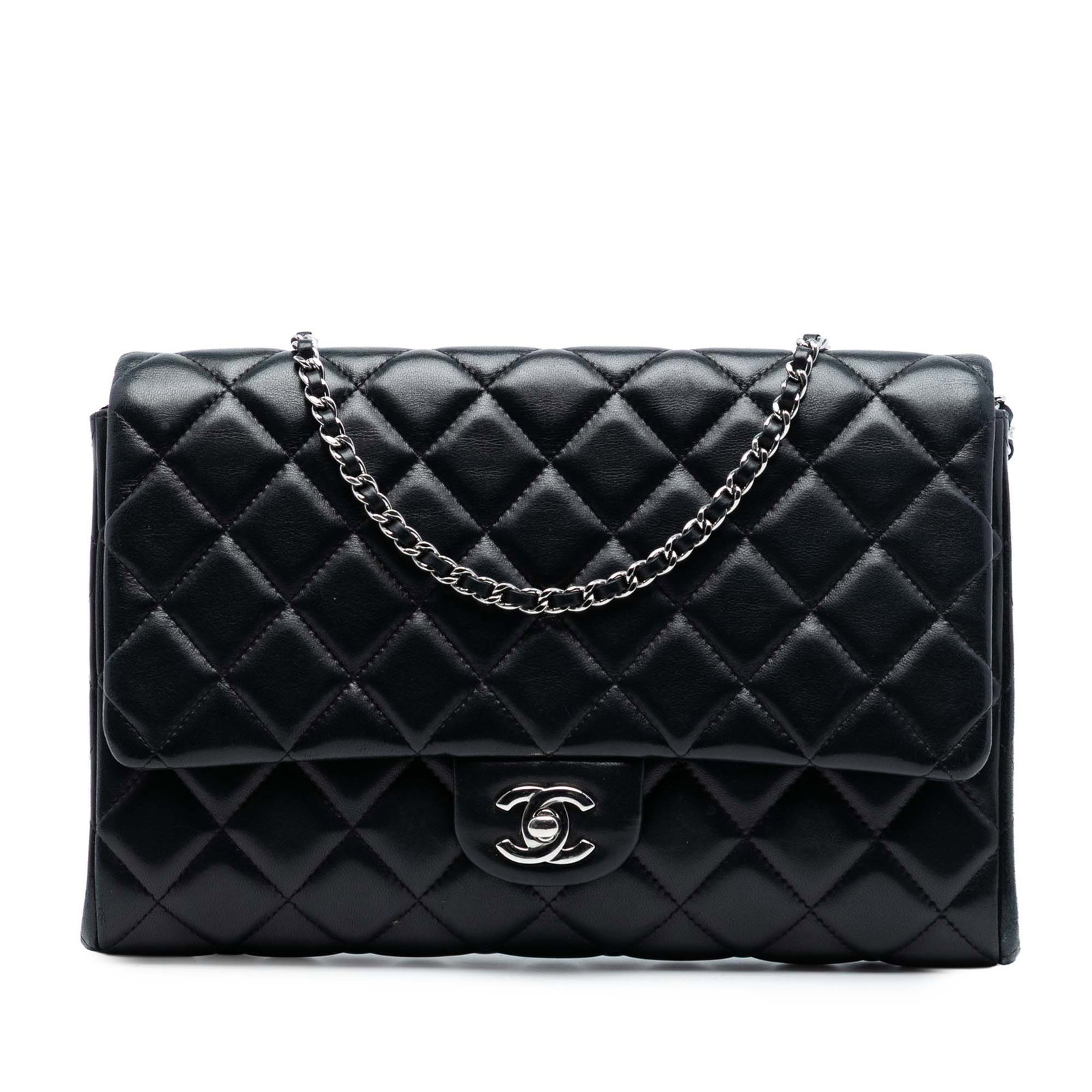 Black Quilted Leather Chanel Flap Clutch with Chain Shoulder Strap: Black Quilted Leather Chanel Flap Clutch with Chain Shoulder Strap This Chanel shoulder bag features a quilted caviar leather body and a leather-woven chain strap. It is designed with a top flap secur