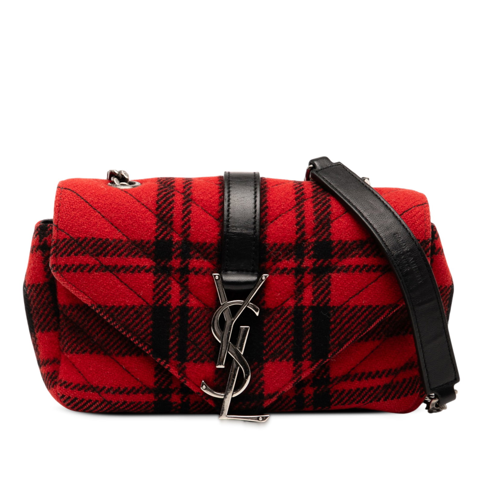 Saint Laurent Baby Chevron Tartan Wool Monogram Chain Bag Red: Saint Laurent Baby Chevron Tartan Wool Monogram Chain Bag Red Introducing the Saint Laurent Baby Chevron Tartan Wool Monogram Classic Chain Bag, a stylish crossbody bag crafted from a luxurious wool b