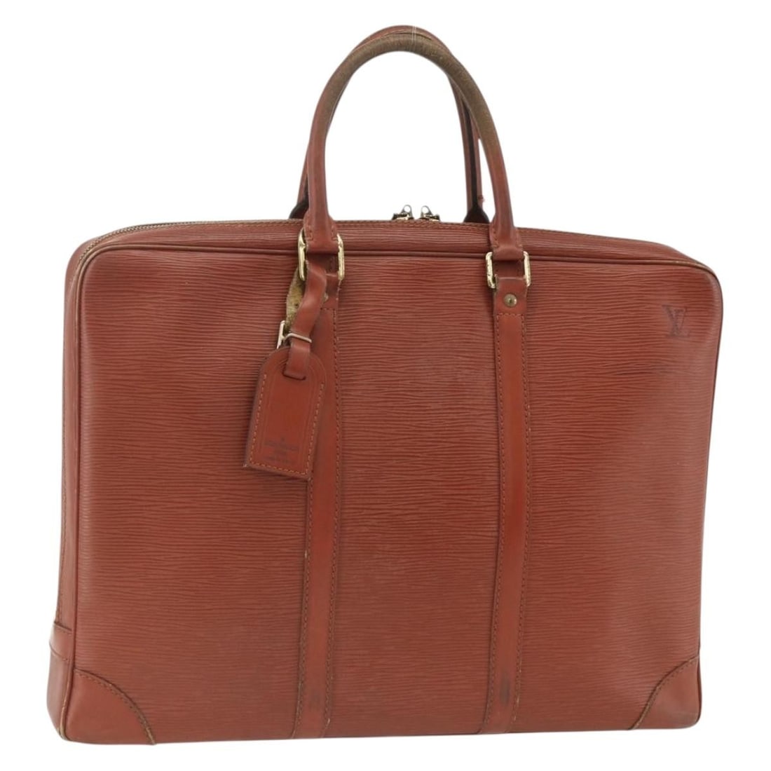 Brown Epi Leather Business Bag by Louis Vuitton M54478 with Name Tag: Brown Epi Leather Business Bag by Louis Vuitton M54478 with Name Tag This Louis Vuitton Epi Porte Documents Voyage business bag is crafted from durable brown Epi leather. Designed for women, it featur
