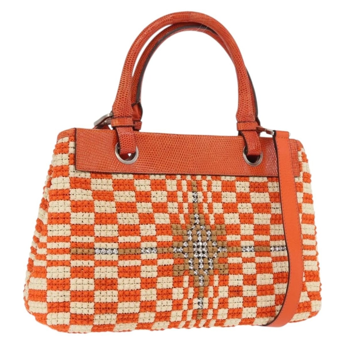 Bottega Veneta Orange Raffia Handbag with Silver Accents and Shoulder Strap: Bottega Veneta Orange Raffia Handbag with Silver Accents and Shoulder Strap This Bottega Veneta handbag features a unique 2-way design crafted from wood in a striking orange and silver color combinati