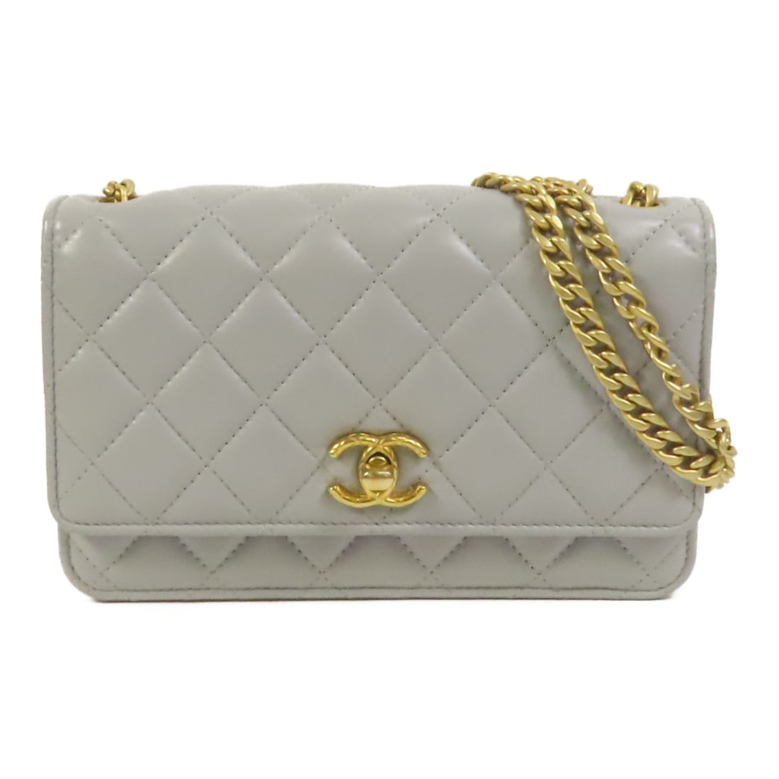 Chanel Wallet On Chain Lambskin Leather Shoulder Bag with CC Logo Grey: Chanel Wallet On Chain Lambskin Leather Shoulder Bag with CC Logo Grey This CHANEL Wallet On Chain shoulder bag features luxurious lambskin leather in a sophisticated gray color. Designed for versatil